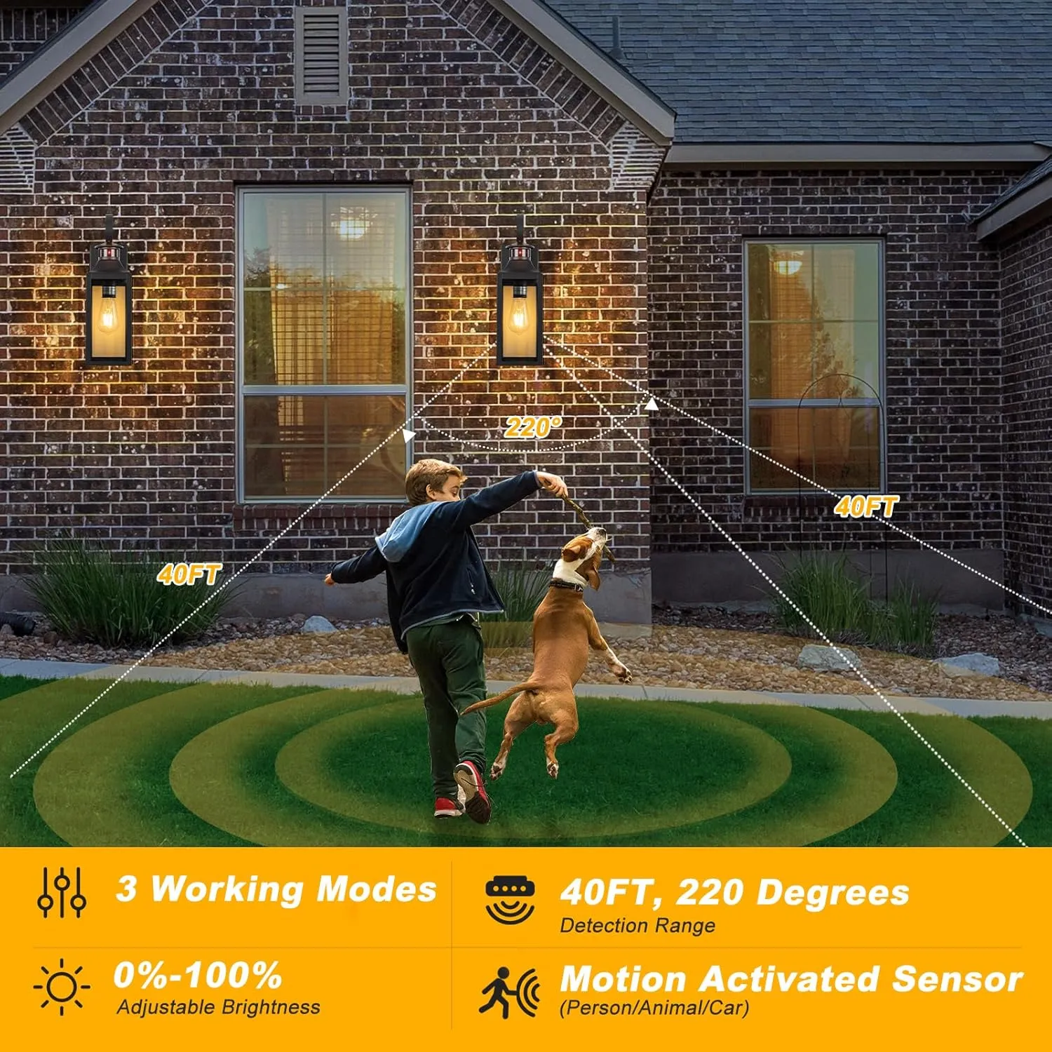 Black Motion Sensor Outdoor Light, 16" Dusk to Dawn Outdoor Lighting, Exterior Wall Sconce Waterproof, Large Outside Lamps for House, Modern Wall Mount Porch Lanterns 3 Modes, 1 Pack