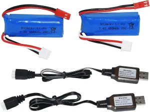 Blomiky 2 Pack 7.4V 450mAh 25C JST Plug Lipo Rechargeable Battery with Charger Cable for WLTOYS 284131 P939 K969 K979 K999 K989 P929 281431 RC Trucks K969 Battery 2
