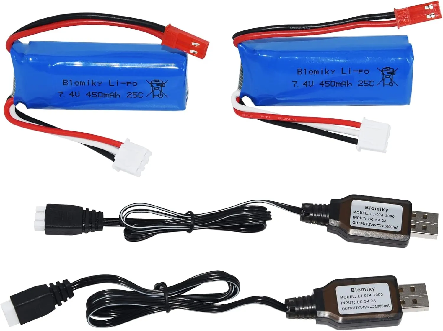 Blomiky 2 Pack 7.4V 450mAh 25C JST Plug Lipo Rechargeable Battery with Charger Cable for WLTOYS 284131 P939 K969 K979 K999 K989 P929 281431 RC Trucks K969 Battery 2