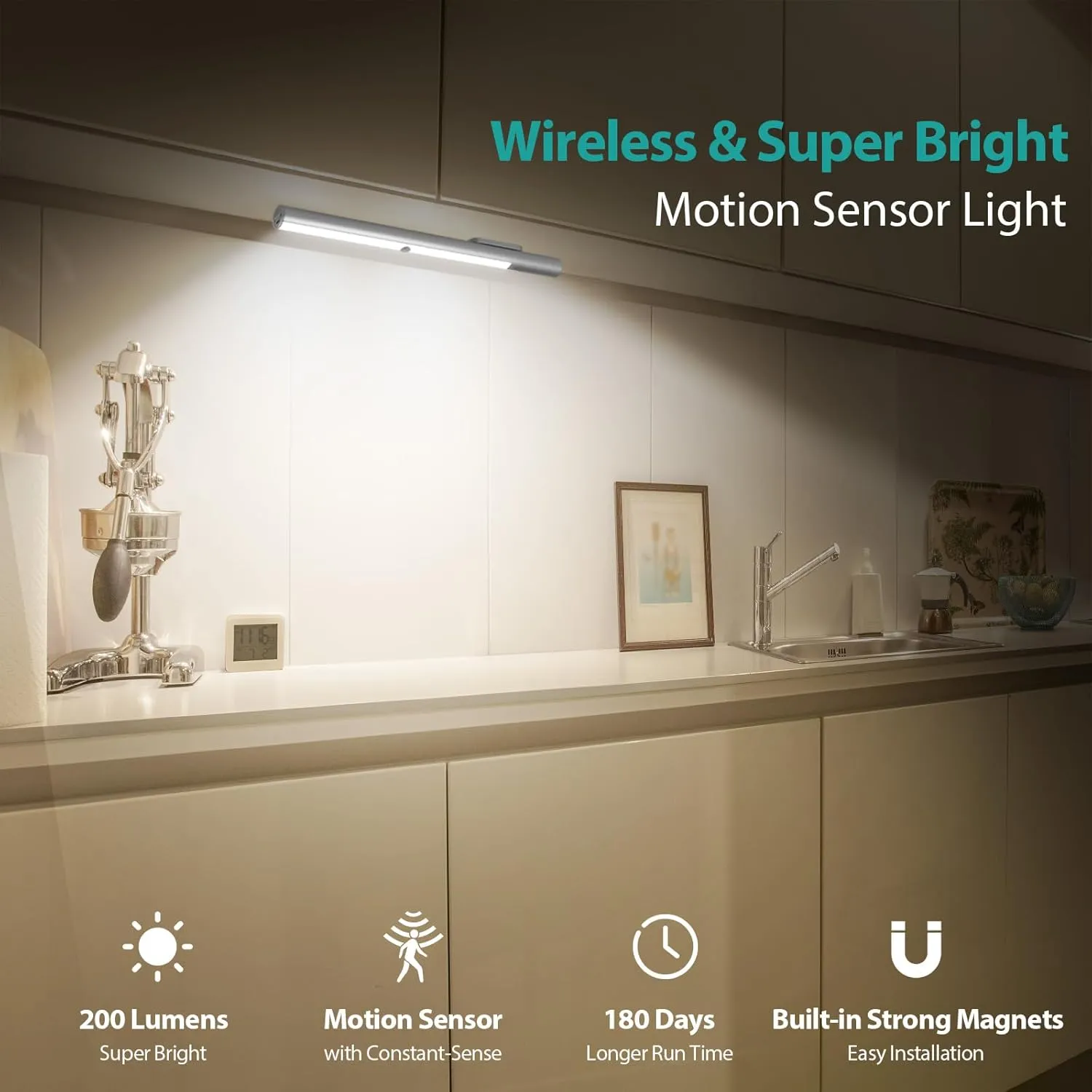 BLS 48 LED Closet Lights, Motion Sensor Light Indoor, 4500mah Build-in Large Rechargeable Battery, Wireless Under Cabinet Lighting for Kitchen/Pantry/Wardrobe/Wall, 4000K Neutral White (2 Pack)