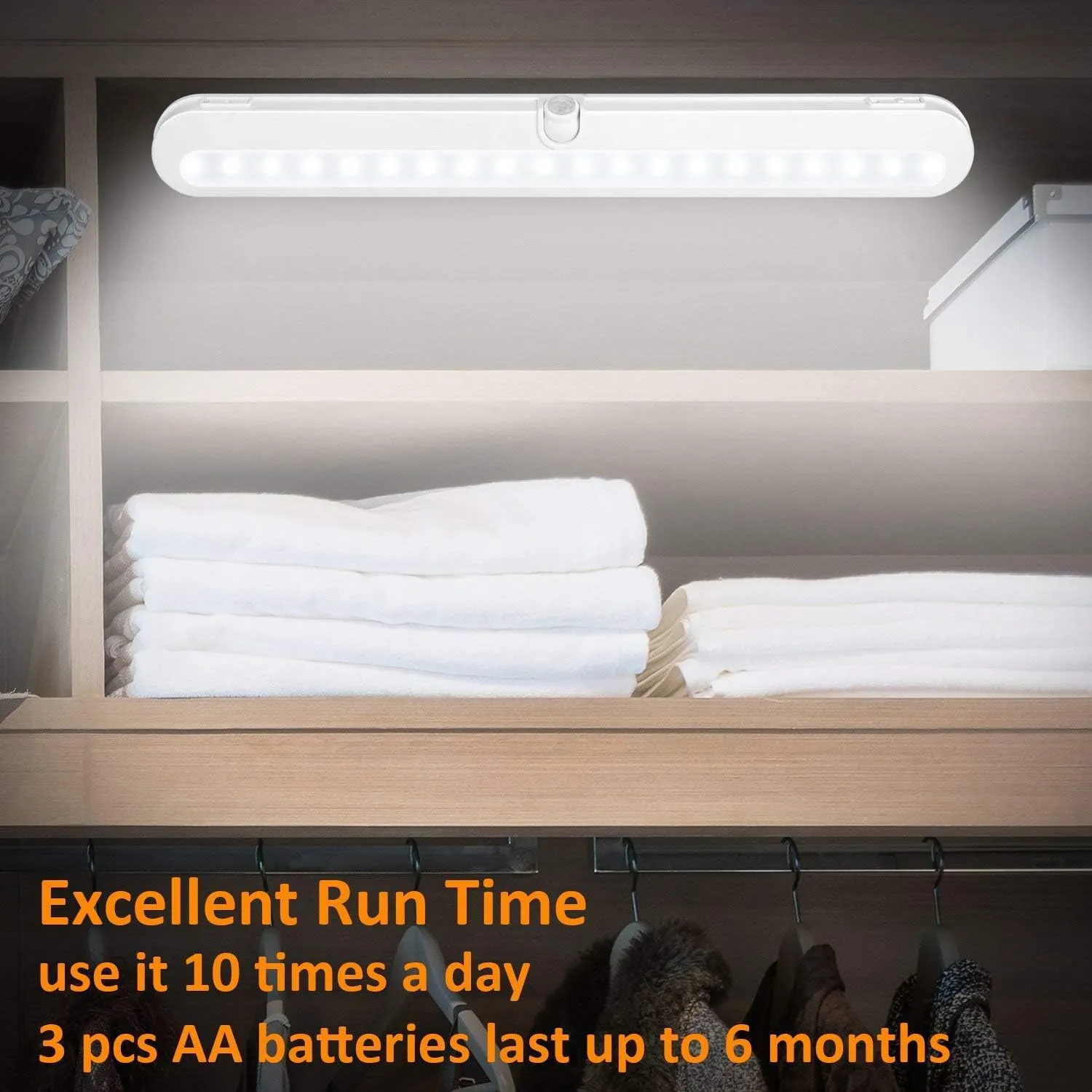 BLS T01L LED Closet Light Super Bright 20 LED Under Cabinet Lighting Battery Powered/DC Input Wireless Motion Sensing Light, Auto On Off Switch, Motion Sensor & Light Sensor, 2 Pack