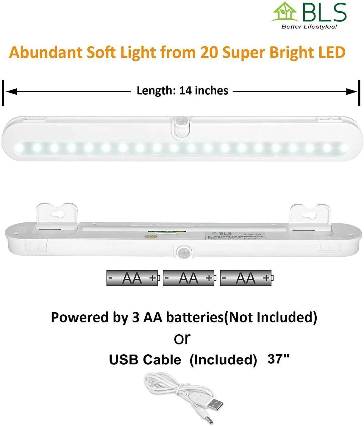 BLS T01L LED Closet Light Super Bright 20 LED Under Cabinet Lighting Battery Powered/DC Input Wireless Motion Sensing Light, Auto On Off Switch, Motion Sensor & Light Sensor, 2 Pack