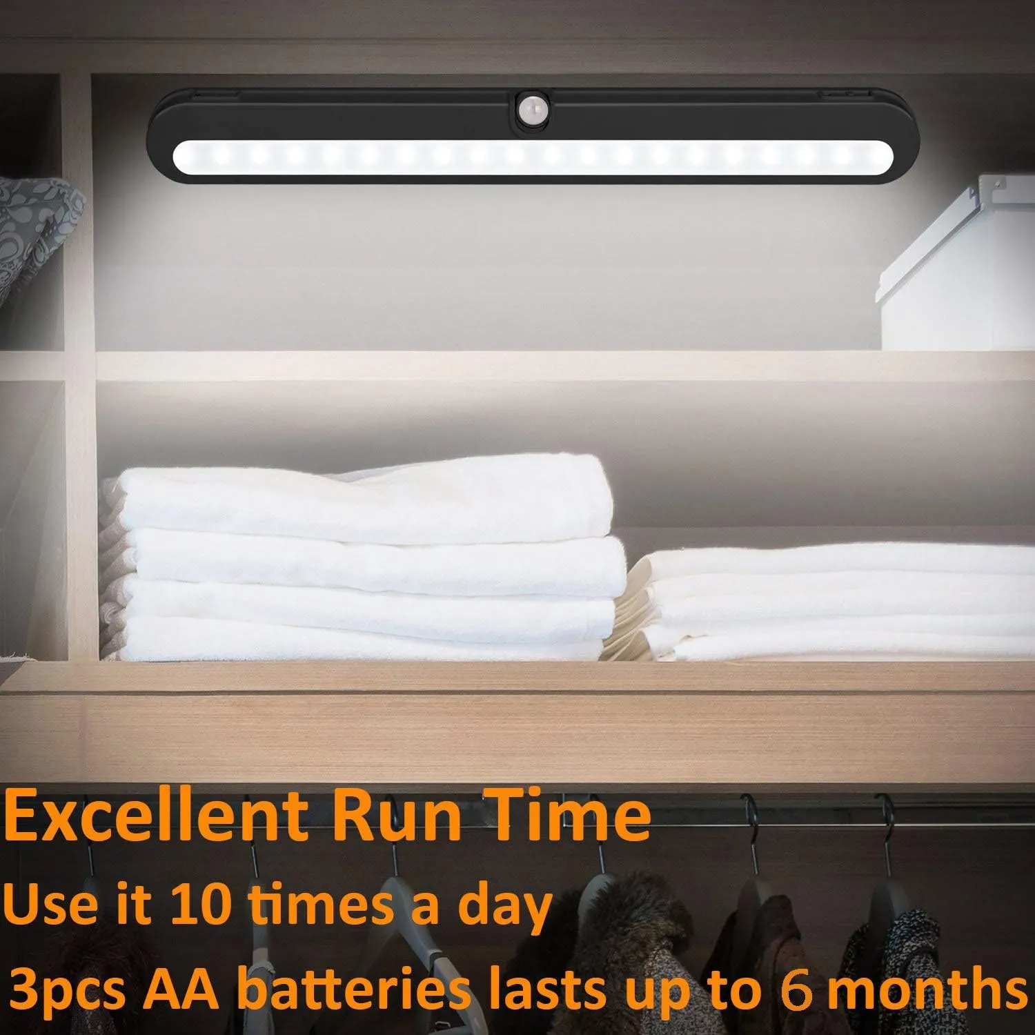 BLS T01LB LED Closet Light Super Bright 20 LED Under Cabinet Lighting Battery Powered/DC Input Wireless Motion Sensing Light, Motion & Light Sensor, Light Beam Adjustable, Black(2 Pack)