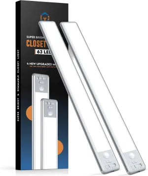 BLS Under Cabinet Lights, 63 LED Closet Lights, Battery Operated Lights, Motion Sensor Light Indoor, 2500mAh Wireless USB C Rechargeable Under Cabinet Lighting, Magnetic Night Light for Kitchen 2 Pack