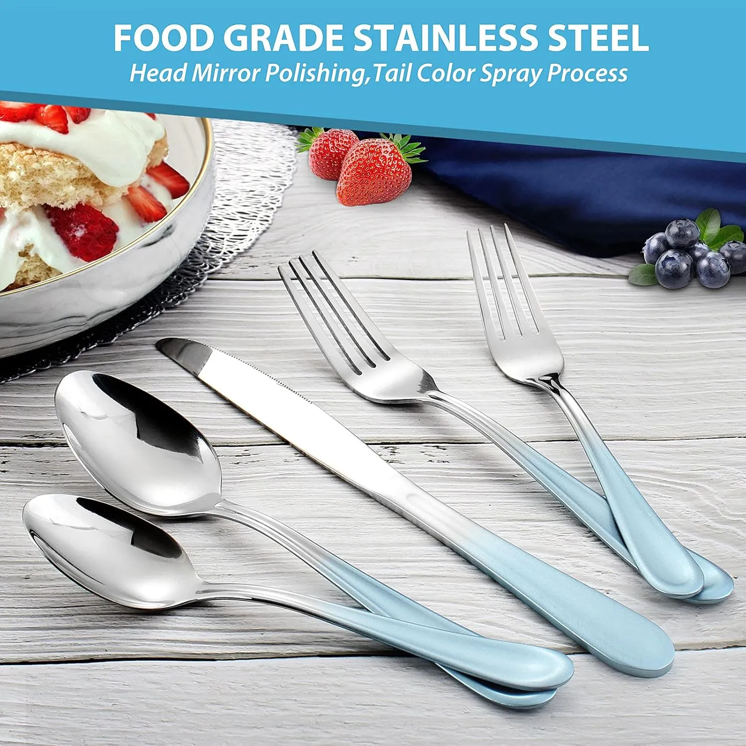 Blue Silverware Set,20 Piece Stainless Steel Flatware Set,Mirror Polished Tableware Cutlery Sets,Reusable Flatware Sets,Utensil Sets for Kitchen,Service for 4,Dishwasher Safe(Gradient Blue Silverware)