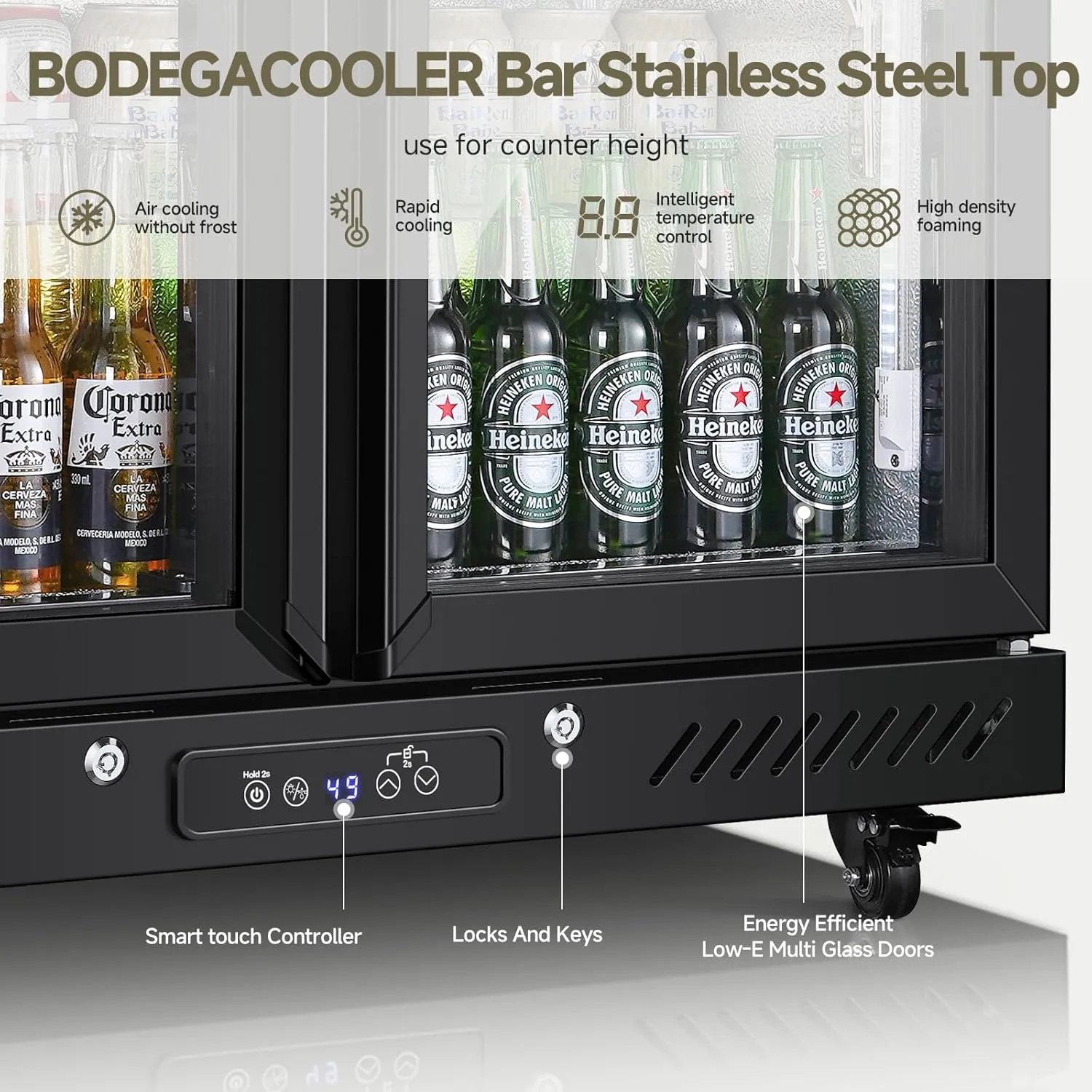 BODEGACOOLER Back Bar Cooler with 2 Glass Doors,7.7 Cu.ft Under Counter Commercial Beverage Refrigerator LED Lighting for Soda Drinks,Beer,Wine with Stainless Steel Top,DOE Approved,4 Casters
