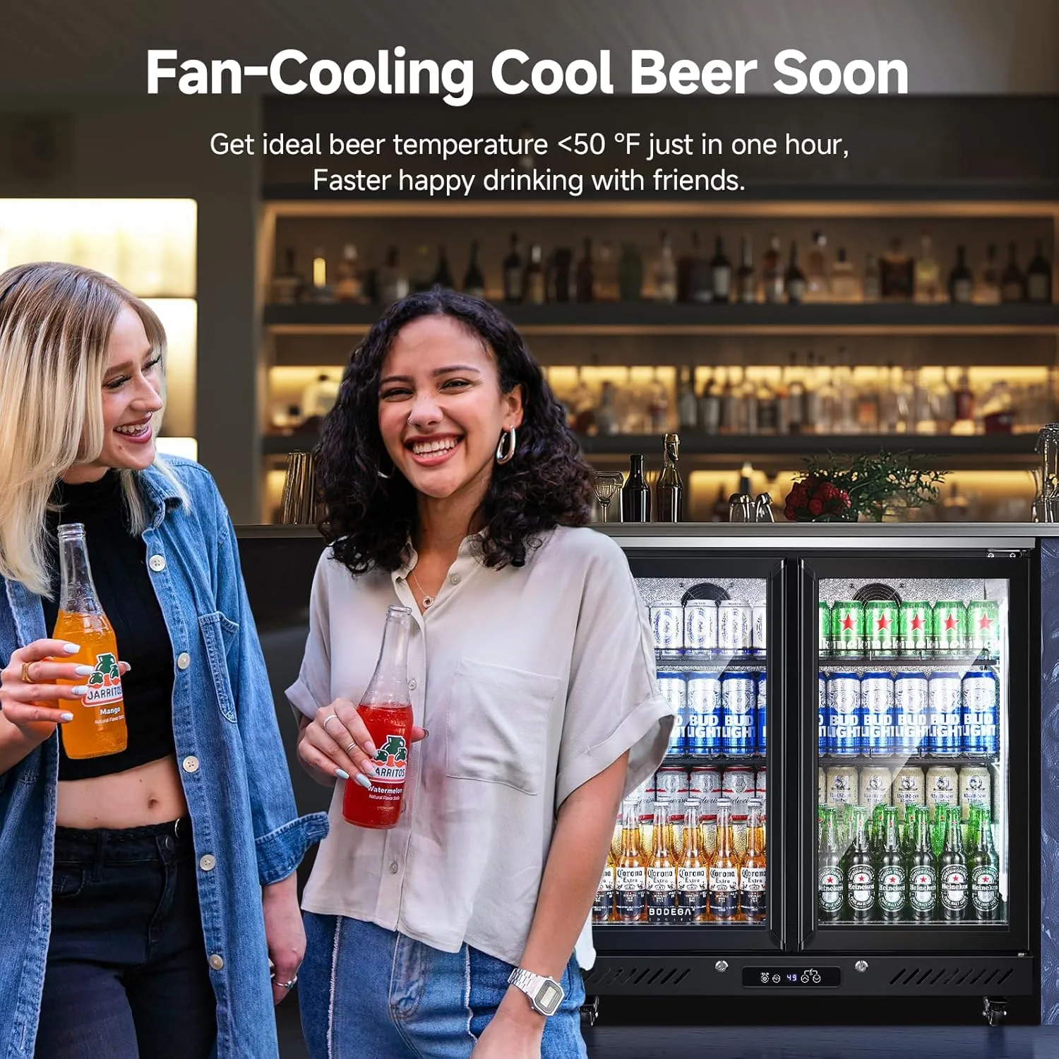 BODEGACOOLER Back Bar Cooler with 2 Glass Doors,7.7 Cu.ft Under Counter Commercial Beverage Refrigerator LED Lighting for Soda Drinks,Beer,Wine with Stainless Steel Top,DOE Approved,4 Casters