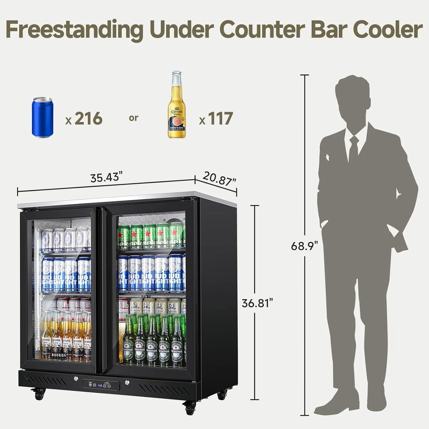BODEGACOOLER Back Bar Cooler with 2 Glass Doors,7.7 Cu.ft Under Counter Commercial Beverage Refrigerator LED Lighting for Soda Drinks,Beer,Wine with Stainless Steel Top,DOE Approved,4 Casters