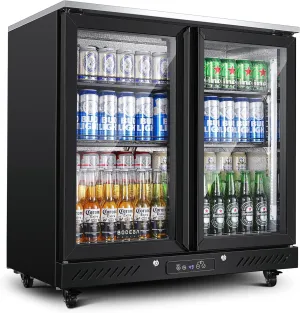 BODEGACOOLER Back Bar Cooler with 2 Glass Doors,7.7 Cu.ft Under Counter Commercial Beverage Refrigerator LED Lighting for Soda Drinks,Beer,Wine with Stainless Steel Top,DOE Approved,4 Casters