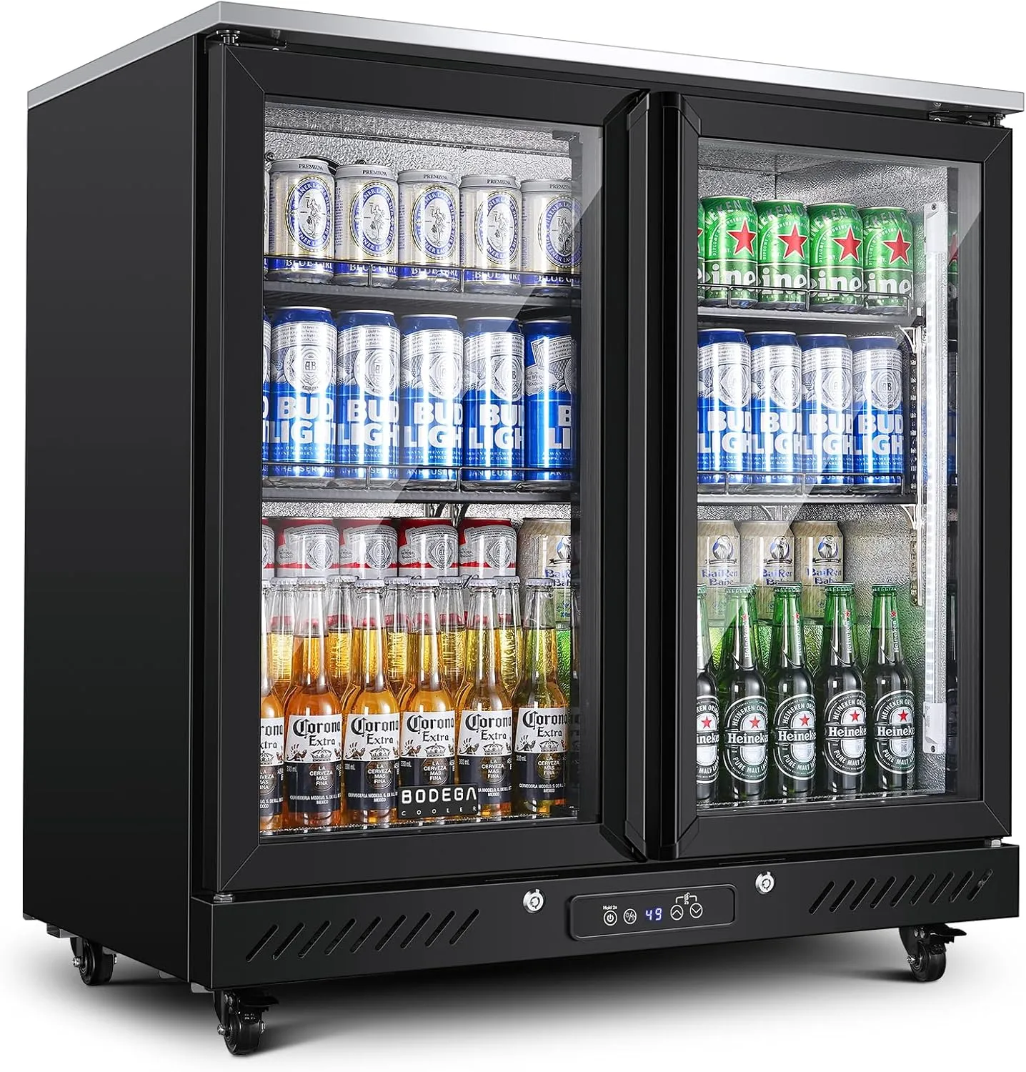BODEGACOOLER Back Bar Cooler with 2 Glass Doors,7.7 Cu.ft Under Counter Commercial Beverage Refrigerator LED Lighting for Soda Drinks,Beer,Wine with Stainless Steel Top,DOE Approved,4 Casters