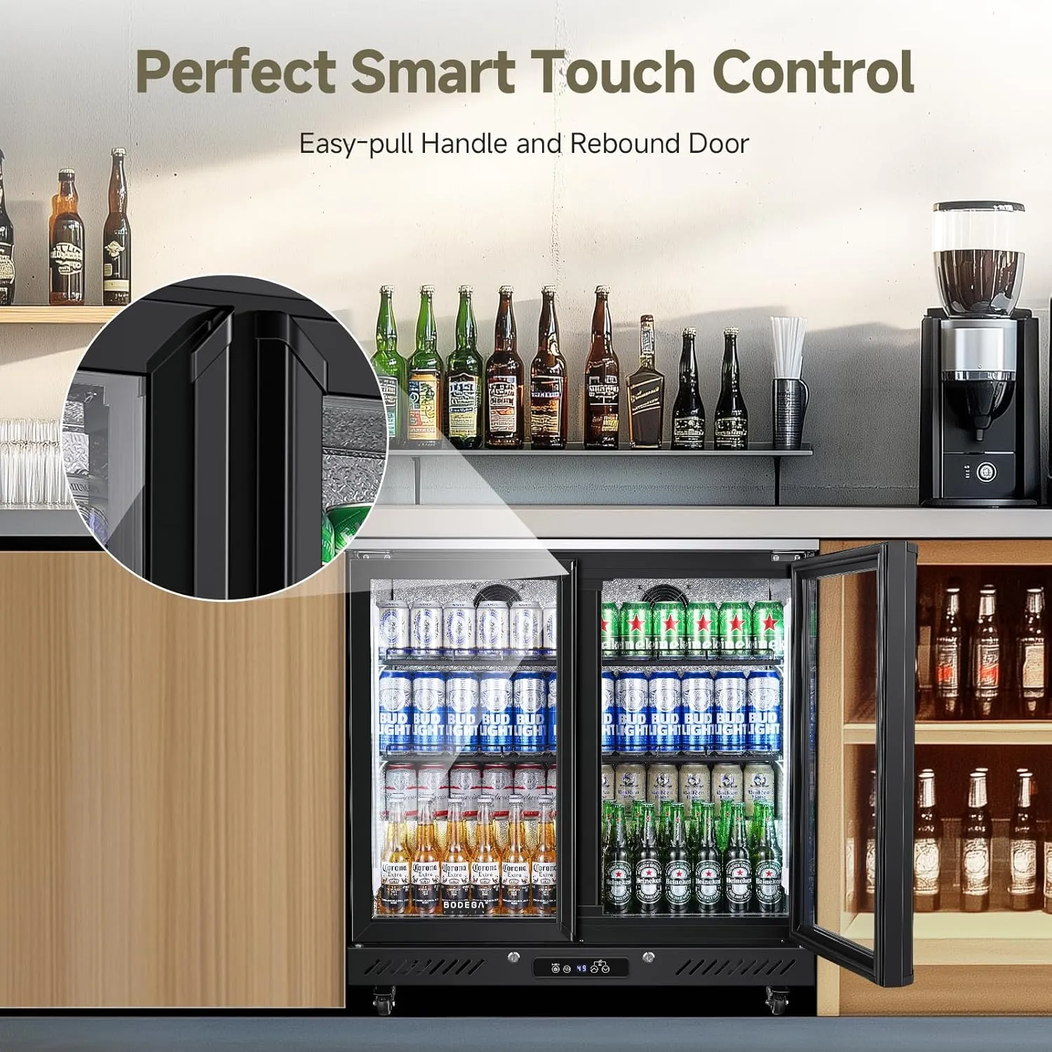 BODEGACOOLER Back Bar Cooler with 2 Glass Doors,7.7 Cu.ft Under Counter Commercial Beverage Refrigerator LED Lighting for Soda Drinks,Beer,Wine with Stainless Steel Top,DOE Approved,4 Casters