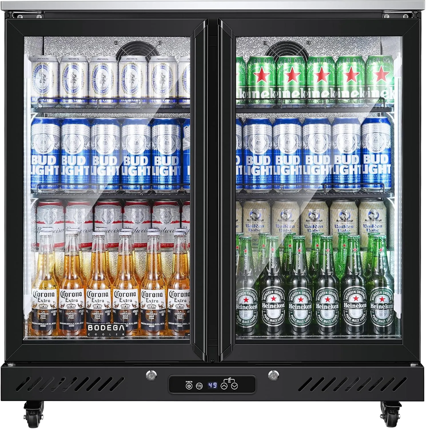 BODEGACOOLER Back Bar Cooler with 2 Glass Doors,7.7 Cu.ft Under Counter Commercial Beverage Refrigerator LED Lighting for Soda Drinks,Beer,Wine with Stainless Steel Top,DOE Approved,4 Casters