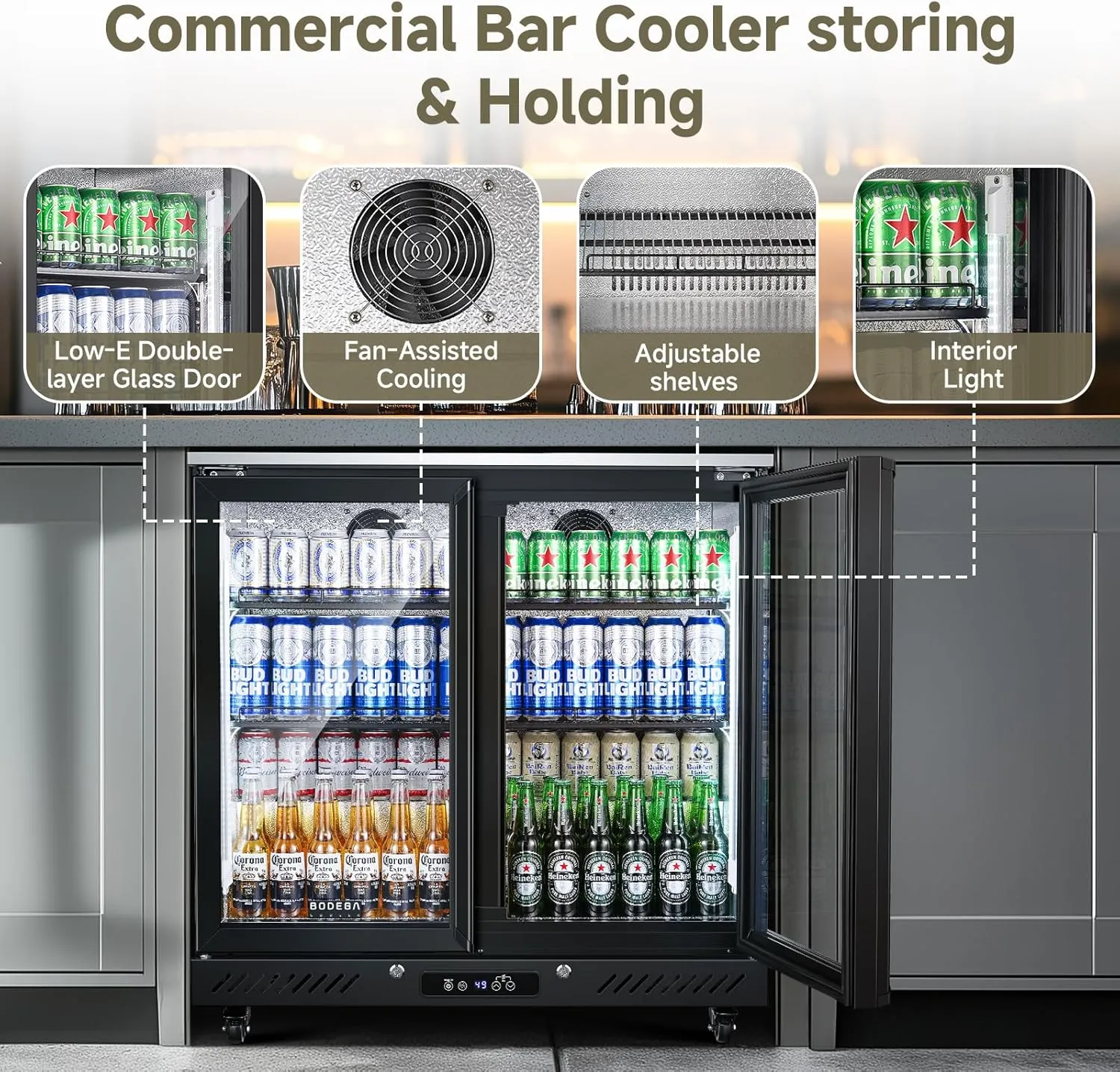 BODEGACOOLER Back Bar Cooler with 2 Glass Doors,7.7 Cu.ft Under Counter Commercial Beverage Refrigerator LED Lighting for Soda Drinks,Beer,Wine with Stainless Steel Top,DOE Approved,4 Casters