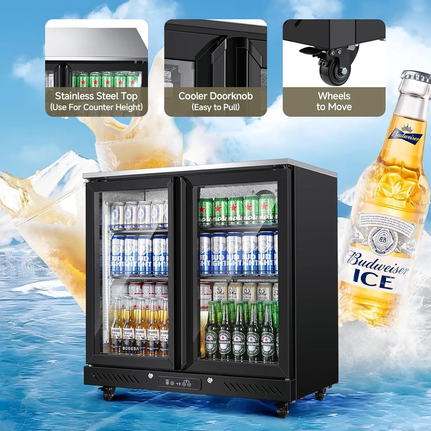 BODEGACOOLER Back Bar Cooler with 2 Glass Doors,7.7 Cu.ft Under Counter Commercial Beverage Refrigerator LED Lighting for Soda Drinks,Beer,Wine with Stainless Steel Top,DOE Approved,4 Casters