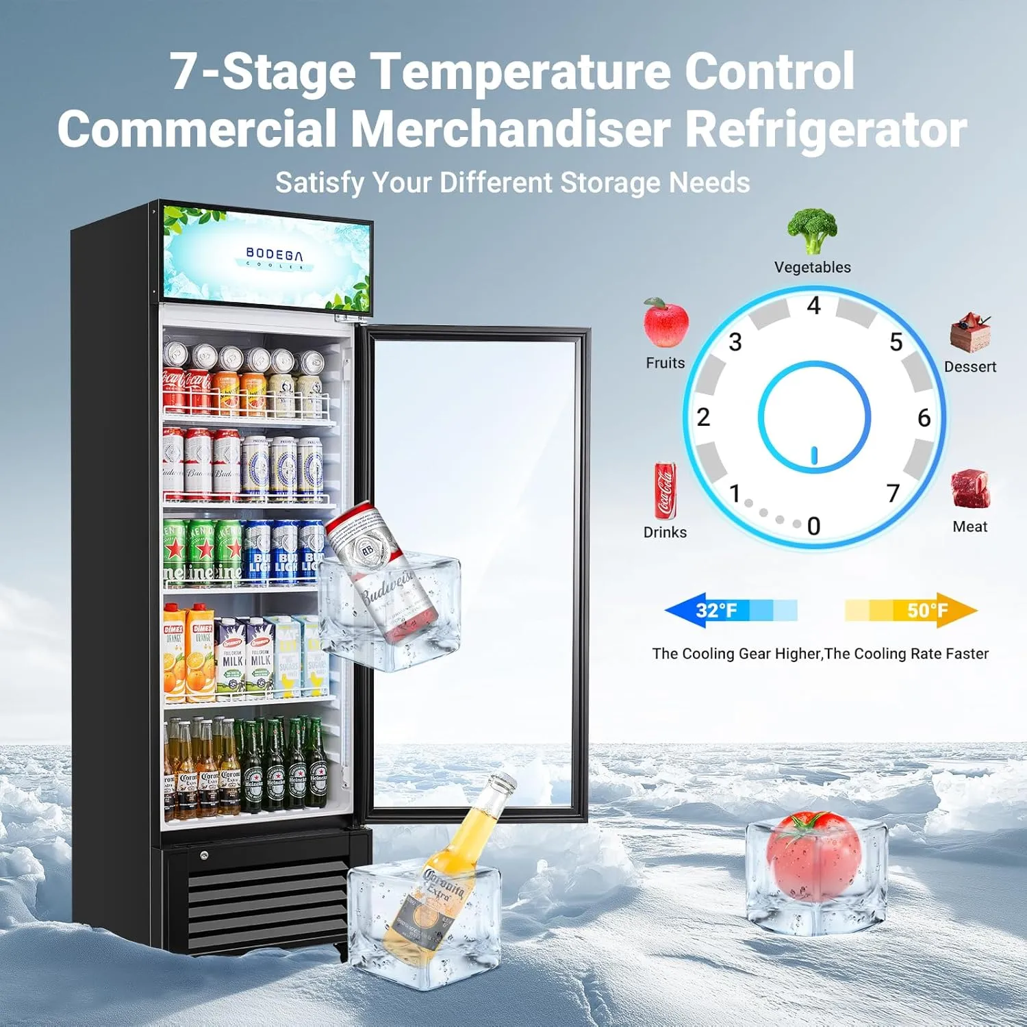 BODEGACOOLER Beverage Refrigerator and Cooler, Commercial Refrigerators with 4 shelves, Commercial Cooler with Soft LED Light. Merchandiser Refrigerators as Black Bar Fridge For Party, 11.3 Cu. Ft