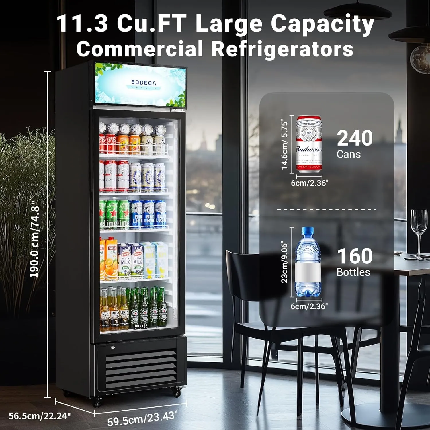 BODEGACOOLER Beverage Refrigerator and Cooler, Commercial Refrigerators with 4 shelves, Commercial Cooler with Soft LED Light. Merchandiser Refrigerators as Black Bar Fridge For Party, 11.3 Cu. Ft