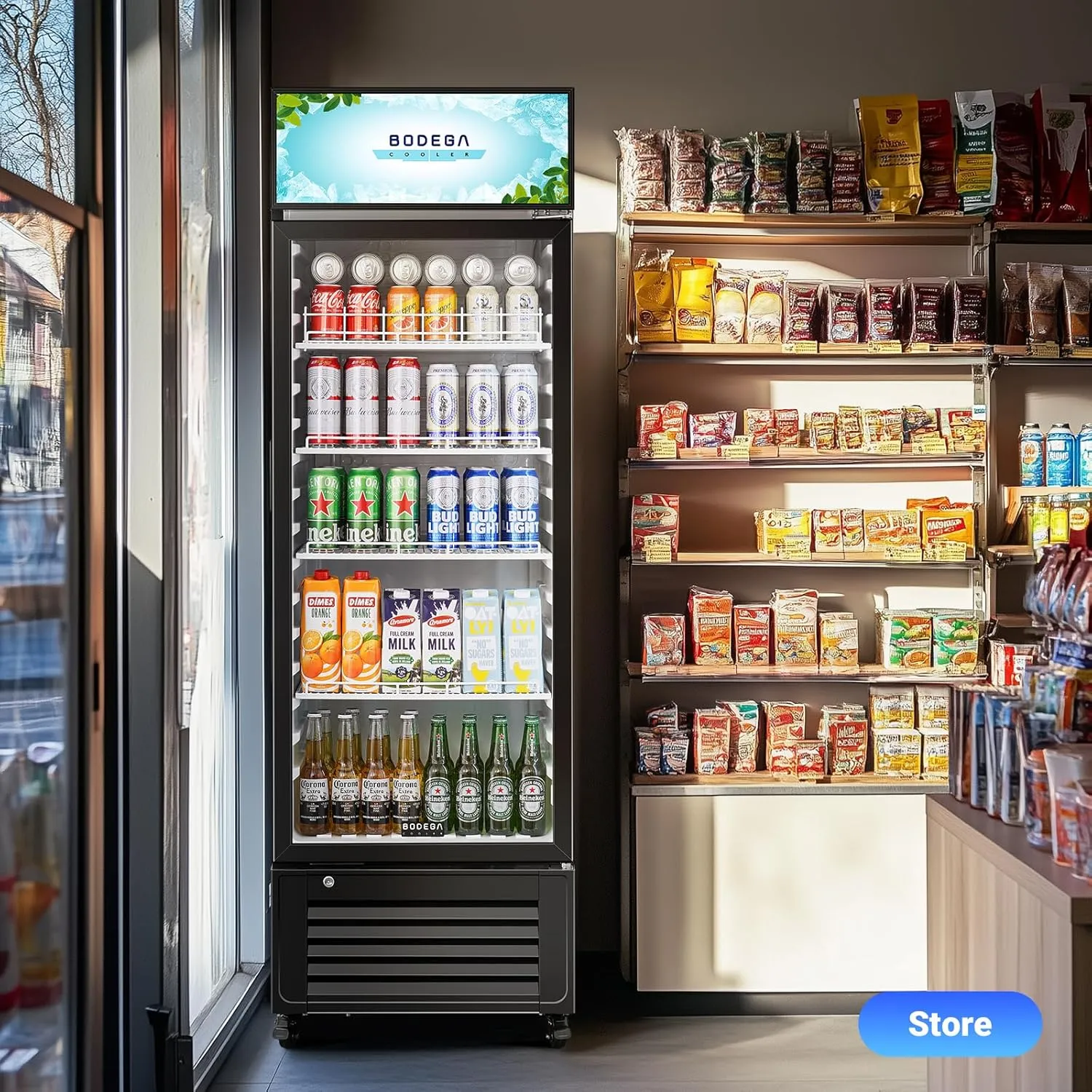 BODEGACOOLER Beverage Refrigerator and Cooler, Commercial Refrigerators with 4 shelves, Commercial Cooler with Soft LED Light. Merchandiser Refrigerators as Black Bar Fridge For Party, 11.3 Cu. Ft