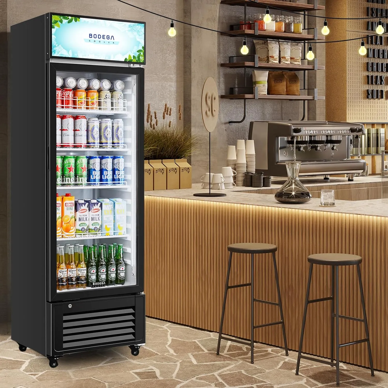 BODEGACOOLER Beverage Refrigerator and Cooler, Commercial Refrigerators with 4 shelves, Commercial Cooler with Soft LED Light. Merchandiser Refrigerators as Black Bar Fridge For Party, 11.3 Cu. Ft