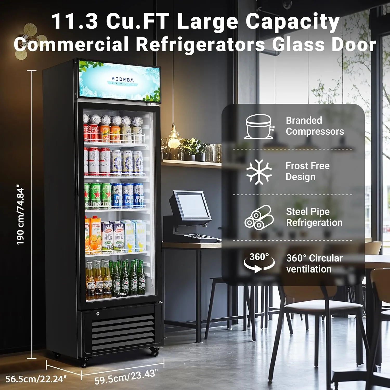 BODEGACOOLER Beverage Refrigerator and Cooler, Commercial Refrigerators with 4 shelves, Commercial Cooler with Soft LED Light. Merchandiser Refrigerators as Black Bar Fridge For Party, 11.3 Cu. Ft