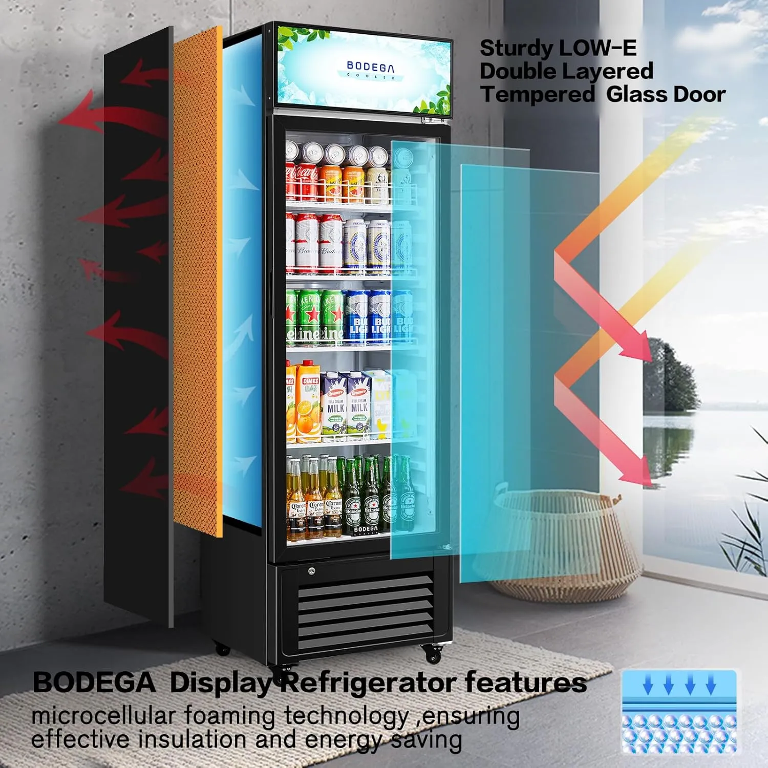 BODEGACOOLER Beverage Refrigerator and Cooler, Commercial Refrigerators with 4 shelves, Commercial Cooler with Soft LED Light. Merchandiser Refrigerators as Black Bar Fridge For Party, 11.3 Cu. Ft