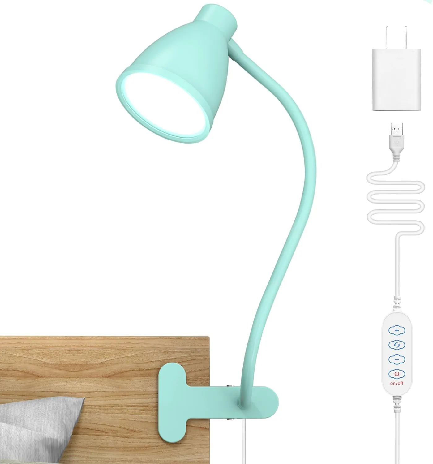 BOHON Desk Lamp with Clamp, 10W 38 LED Clip on Light, 3 Color 10 Brightness Auto Off Timer, Flexible Gooseneck Clip Lamp, Desk Lights for Office Home Bed Bedside Reading, Adapter Include, Teal
