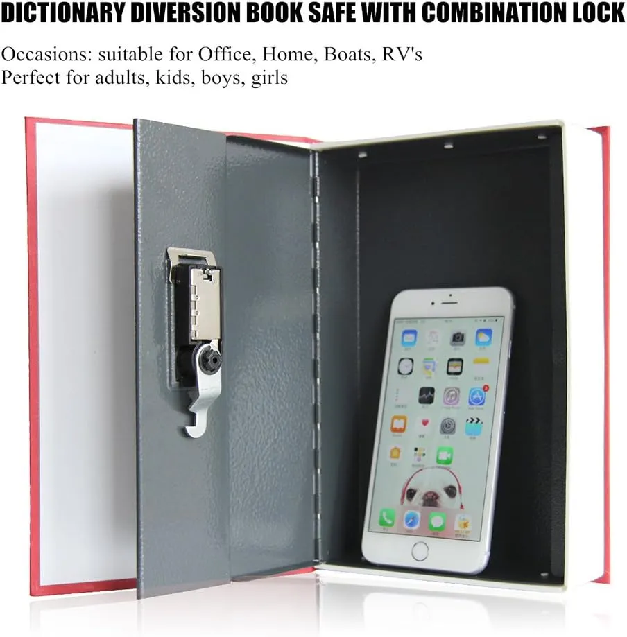 Book Safe with Combination Lock - Jssmst Home Dictionary Diversion Metal Safe Box for Home Office Code Lock Money Box High Capacity, 9.5 x 6.2 x 2.2 inch, SM-BS0404L, Red Large