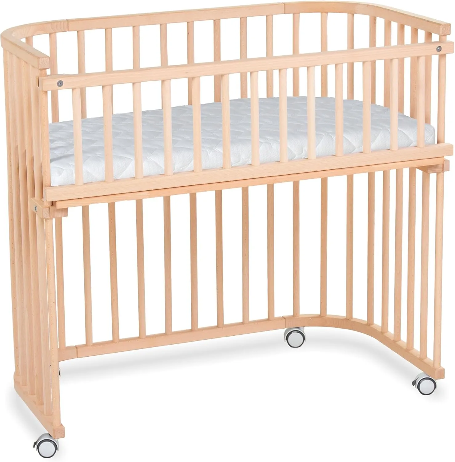Boxspring XXL Side Bed Made of Solid Beech Wood/Compact & Transformable/Cot Bed Height Infinitely Adjustable/Grows with Your Child (Natural Varnish) / Includes Mattress, Grid, Wheels