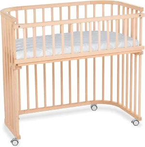 Boxspring XXL Side Bed Made of Solid Beech Wood/Compact & Transformable/Cot Bed Height Infinitely Adjustable/Grows with Your Child (Natural Varnish) / Includes Mattress, Grid, Wheels