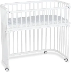 Boxspring XXL Side Bed Made of Solid Beech Wood/Compact & Transformable/Cot Bed Height Infinitely Adjustable/Grows with Your Child (White Painted) / Includes Mattress, Grid, Wheels