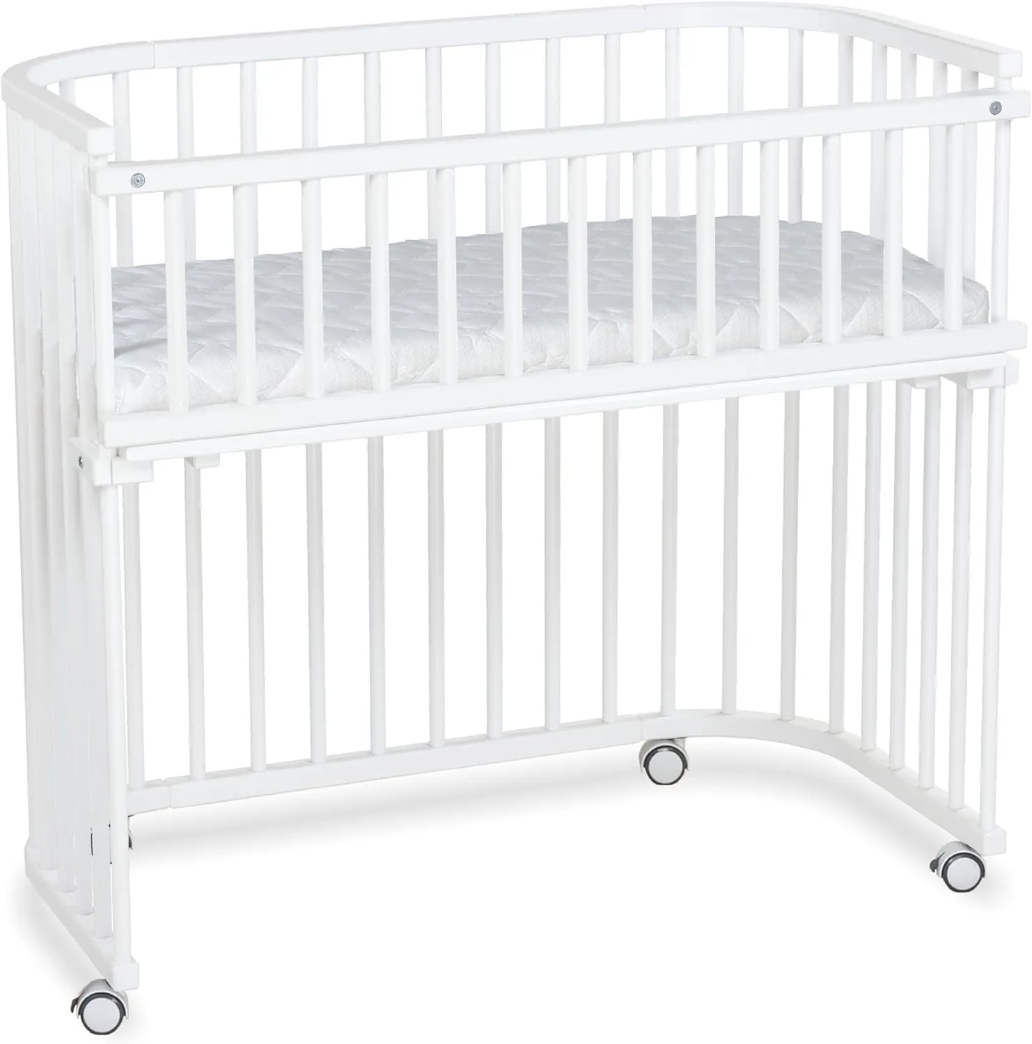 Boxspring XXL Side Bed Made of Solid Beech Wood/Compact & Transformable/Cot Bed Height Infinitely Adjustable/Grows with Your Child (White Painted) / Includes Mattress, Grid, Wheels