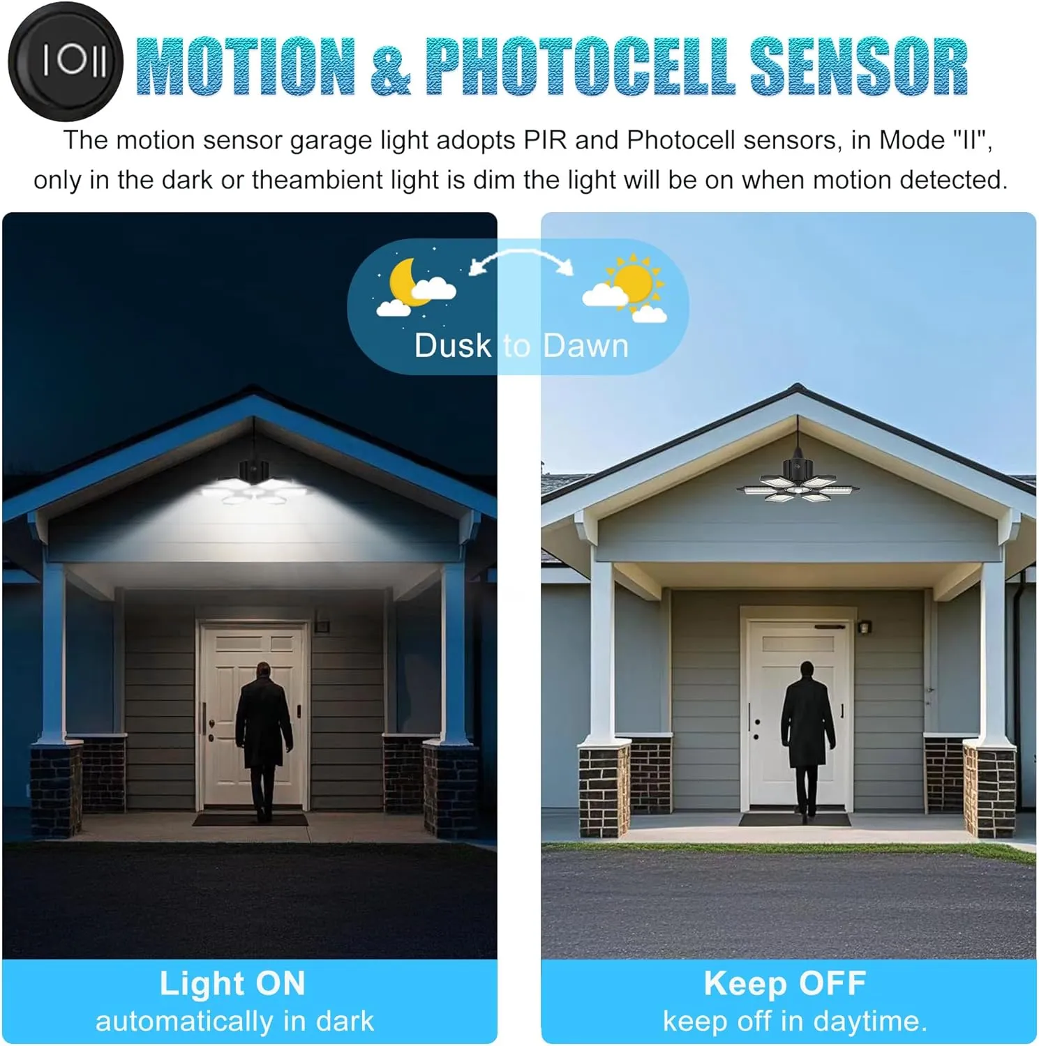 BRAINIAC Motion Sensor Garage Light with 3 Switch Modes, E26/E27 Screw in Garage Lights Ceiling LED Motion Activated for Garage/Shop/Porch-150W 15000LM 6000K