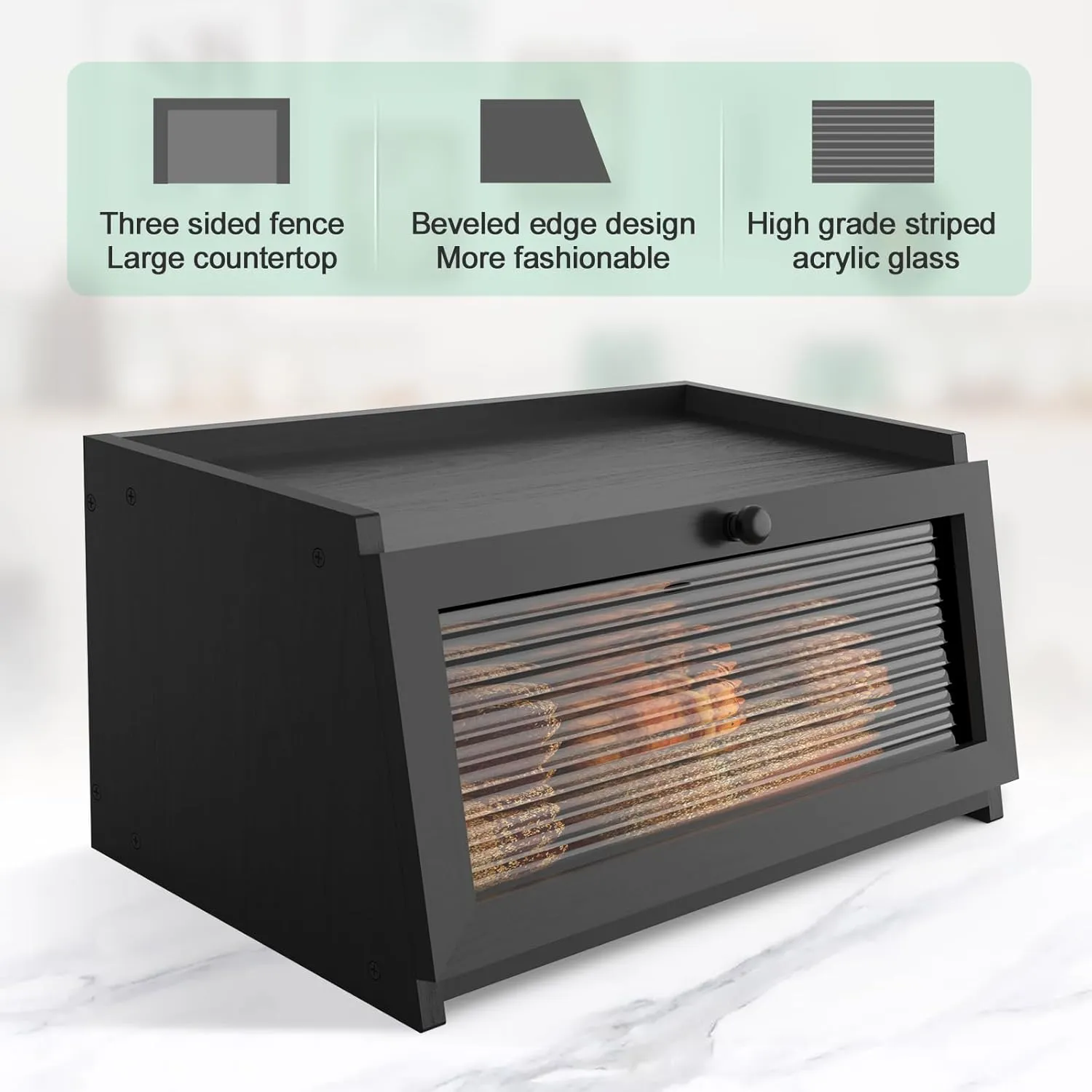 Bread Box for Kitchen Countertop Large Bread Box Farmhouse Bread Container Bread Storage with Window Bread Holder Black