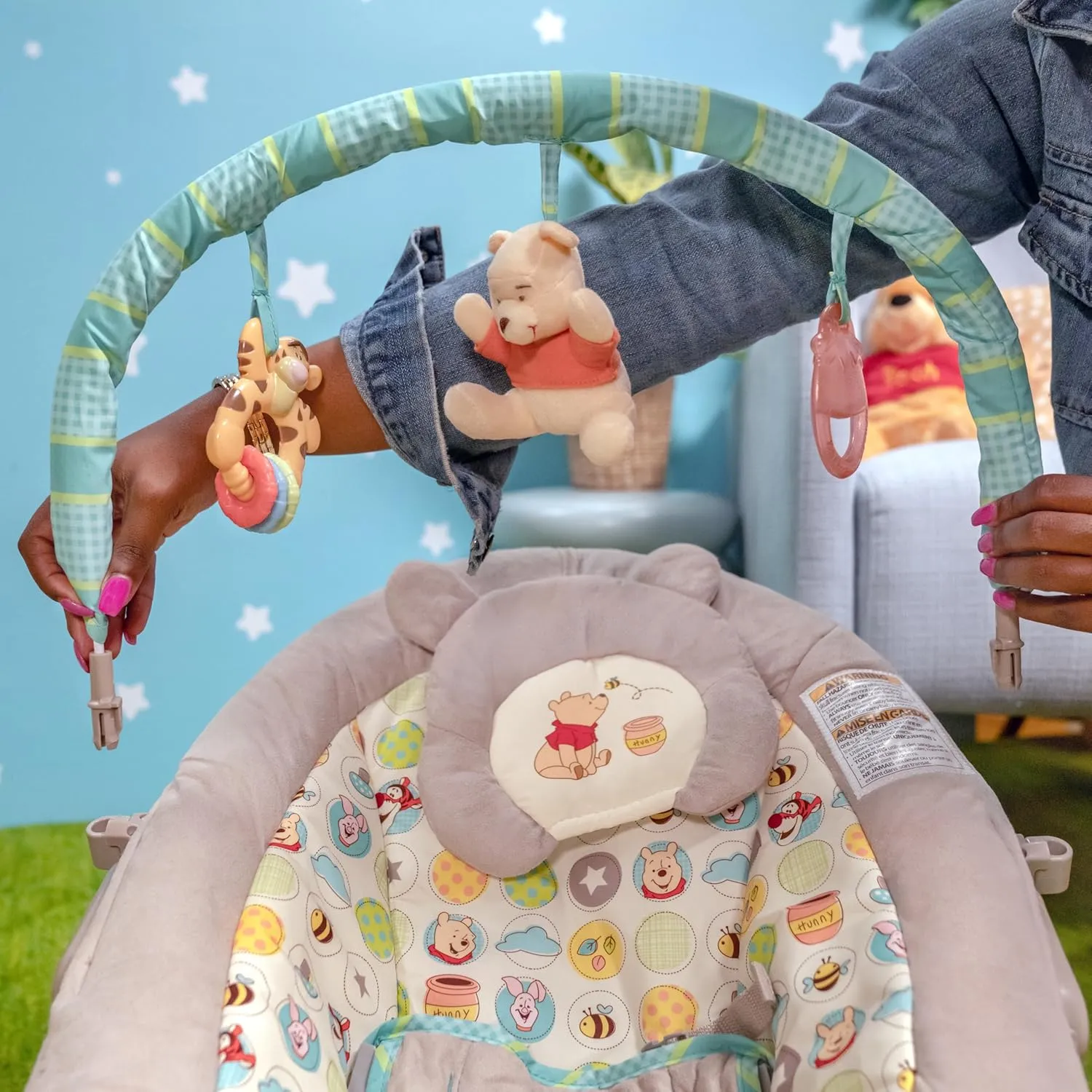 Bright Starts Disney Baby Winnie The Pooh Baby Bouncer Soothing Vibrations Deluxe Infant Seat - Faux Suede, Music, Removable -Toy Bar, 0-6 Months 6-20 lbs (Dots & Hunny Pots)