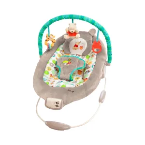 Bright Starts Disney Baby Winnie The Pooh Baby Bouncer Soothing Vibrations Deluxe Infant Seat - Faux Suede, Music, Removable -Toy Bar, 0-6 Months 6-20 lbs (Dots & Hunny Pots)