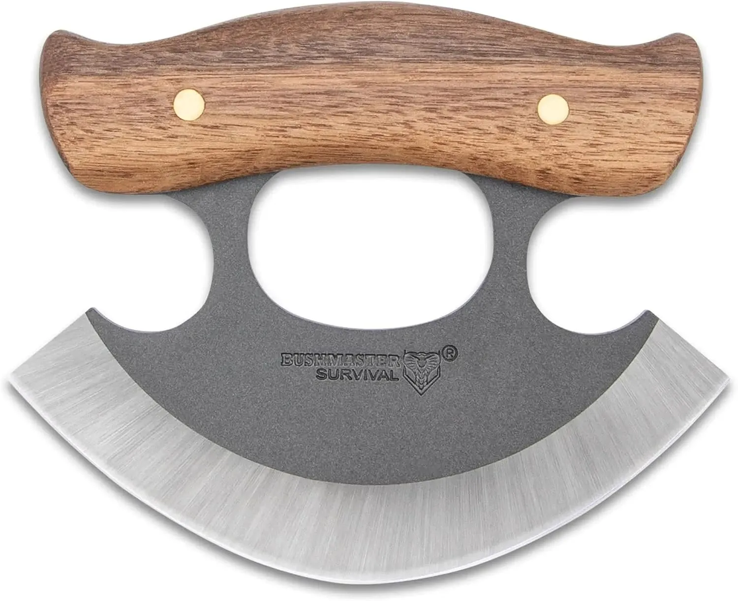 BUSHMASTER Wilderness Ulu Knife and Leather Belt Sheath - 1095 High Carbon Steel Curved Blade, Ergonomic Hardwood Handle, Brass Pins, Use for Campsite or Kitchen for Slicing - Length 4 4/10”