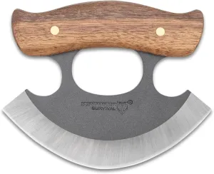 BUSHMASTER Wilderness Ulu Knife and Leather Belt Sheath - 1095 High Carbon Steel Curved Blade, Ergonomic Hardwood Handle, Brass Pins, Use for Campsite or Kitchen for Slicing - Length 4 4/10”