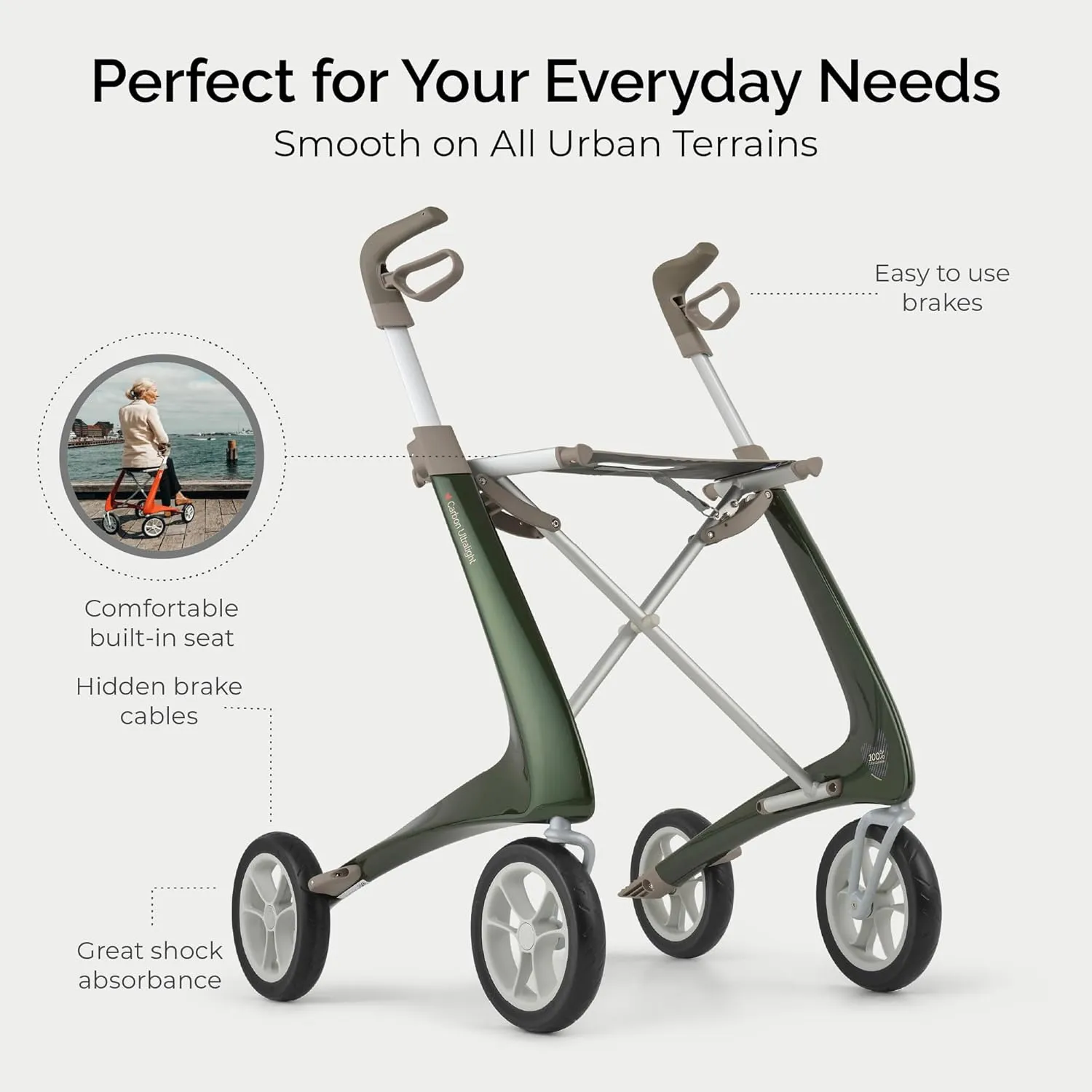 byACRE Carbon Ultralight Rollator - World's Lightest Carbon Rollator - Only 10.6 lbs/for Indoor and Outdoor Use/Foldable and Easy to Travel with (British Racing Green, Wide Track)