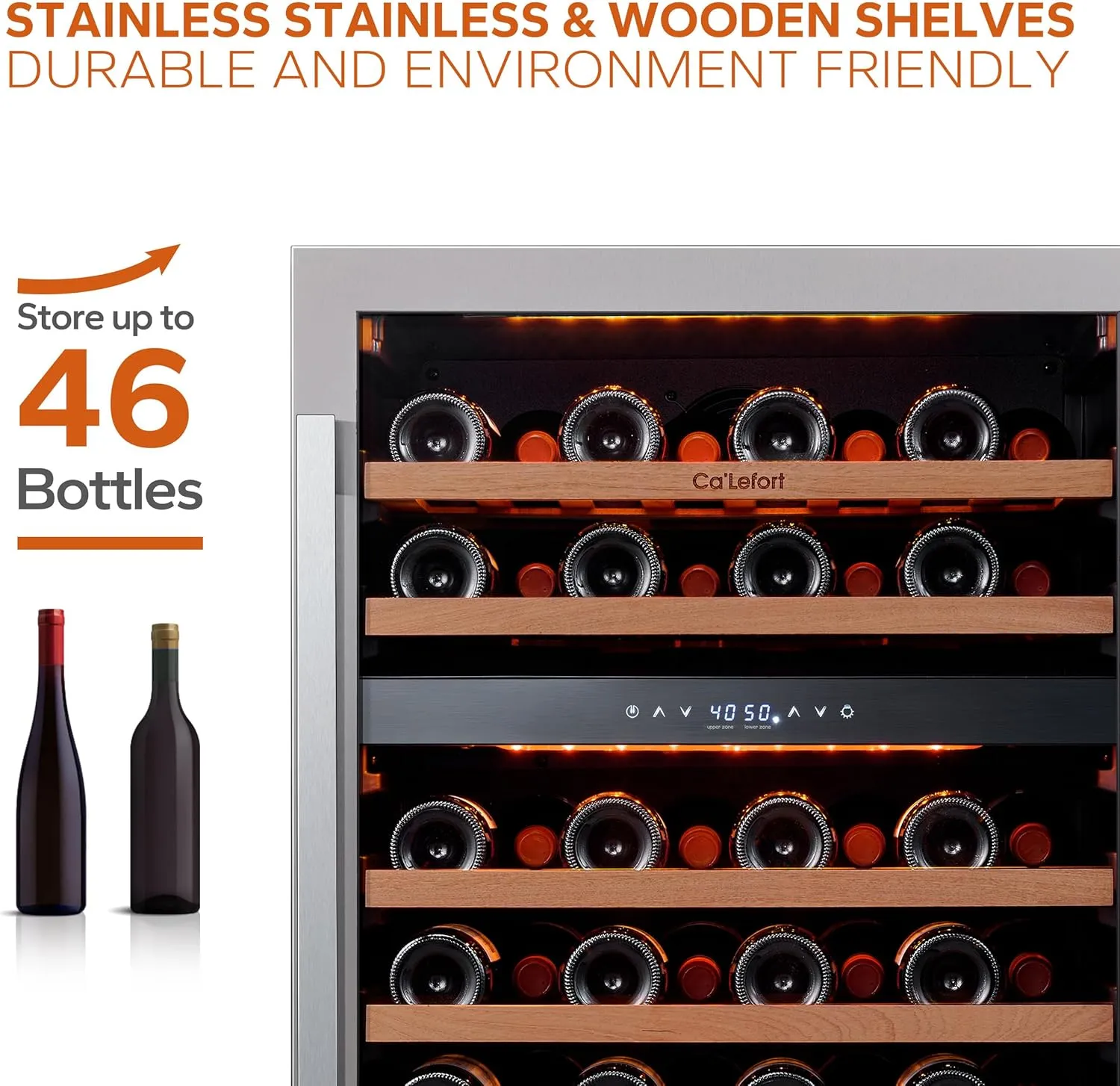 Ca'Lefort 24 Inch Dual Zone Wine Cooler Refrigerator - 46 Bottles Wine Fridge with Glass Door, Powerful Cooling Compressor Fridge with 3 LED Light for Home Office Bedroom Bar