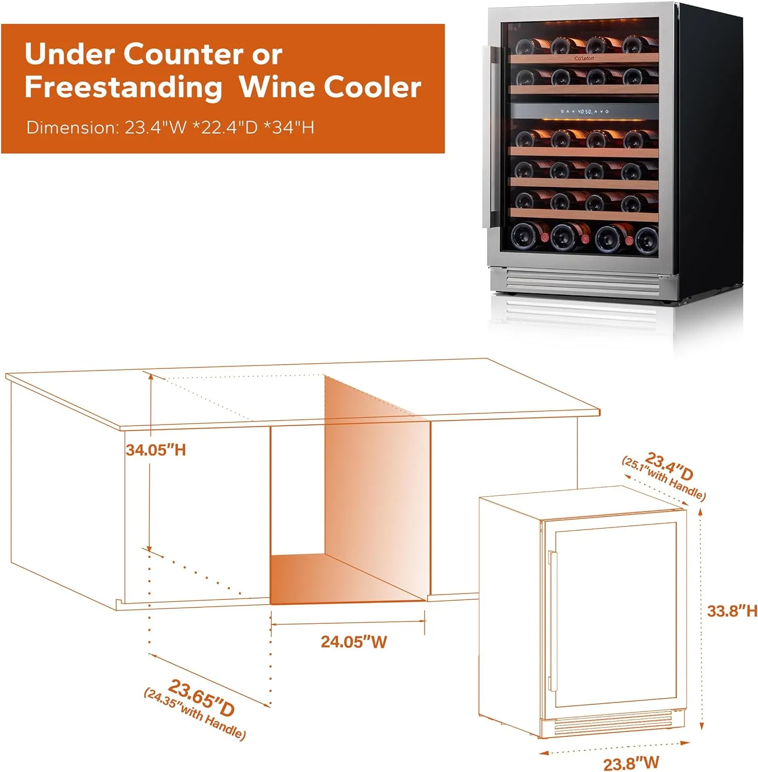 Ca'Lefort 24 Inch Dual Zone Wine Cooler Refrigerator - 46 Bottles Wine Fridge with Glass Door, Powerful Cooling Compressor Fridge with 3 LED Light for Home Office Bedroom Bar