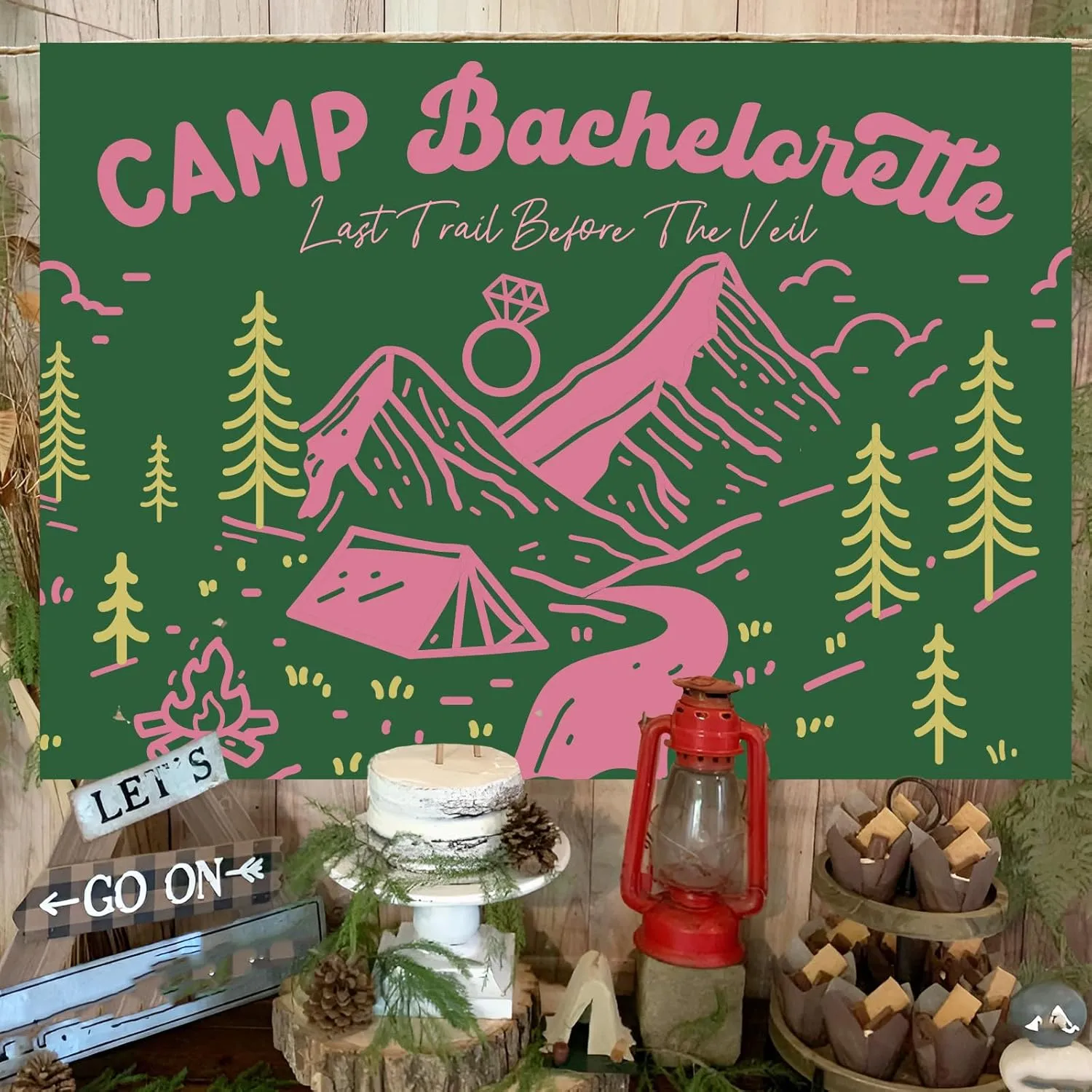 Camp Bachelorette Party Decor 7*5ft Pink Green Backdrop Last Trail Before The Veil Banner Hiking Camp Bachelorette Party Supplies Bachelorette Banner for Wedding Bridal Shower Bunting Party