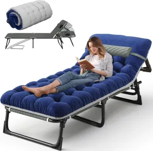 Camping Cot with Mattress, 4-Position Folding Camping Bed Hold up 330lbs, Portable Sleeping Cot for Camp, Beach, Patio, Sun Tanning, Poolside - Blue