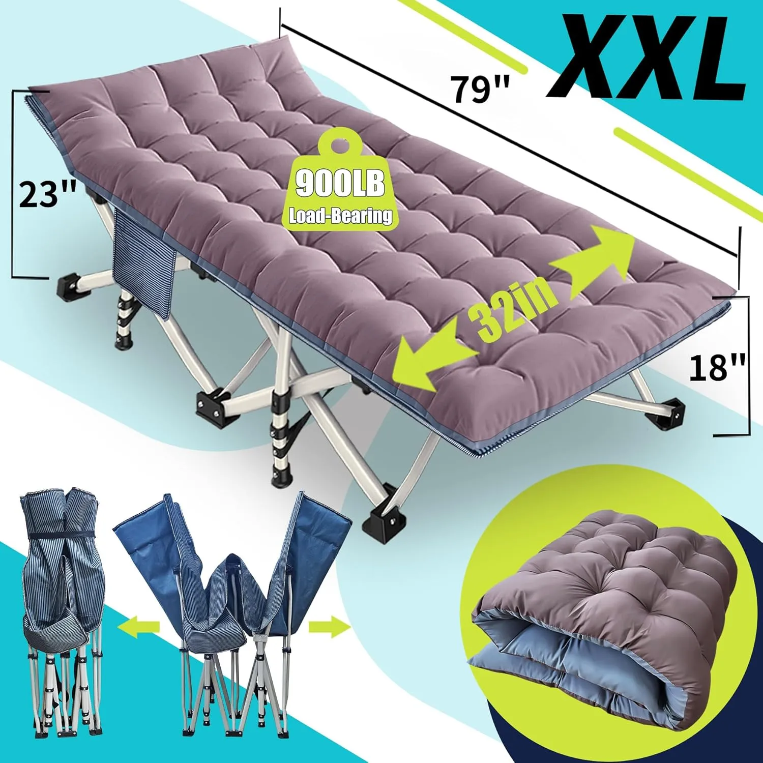 Camping Cot with Mattress Oversize Width XXL Folding Cot Heavy Duty Comfortable Cots for Sleeping Guest Bed with Carry Bag Portable Easy to Set-up for Home Travel Outdoor 79" x 32" x 18"
