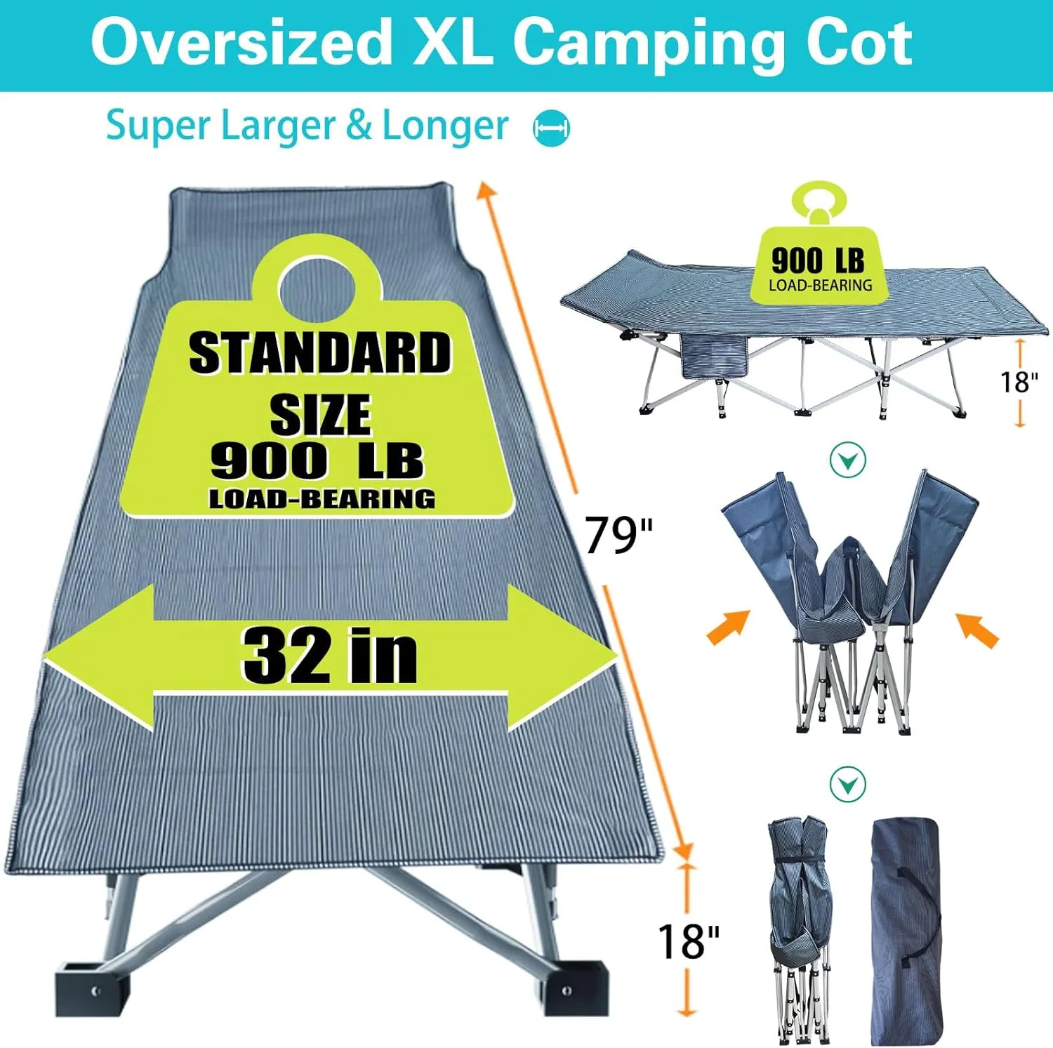 Camping Cot with Mattress Oversize Width XXL Folding Cot Heavy Duty Comfortable Cots for Sleeping Guest Bed with Carry Bag Portable Easy to Set-up for Home Travel Outdoor 79" x 32" x 18"
