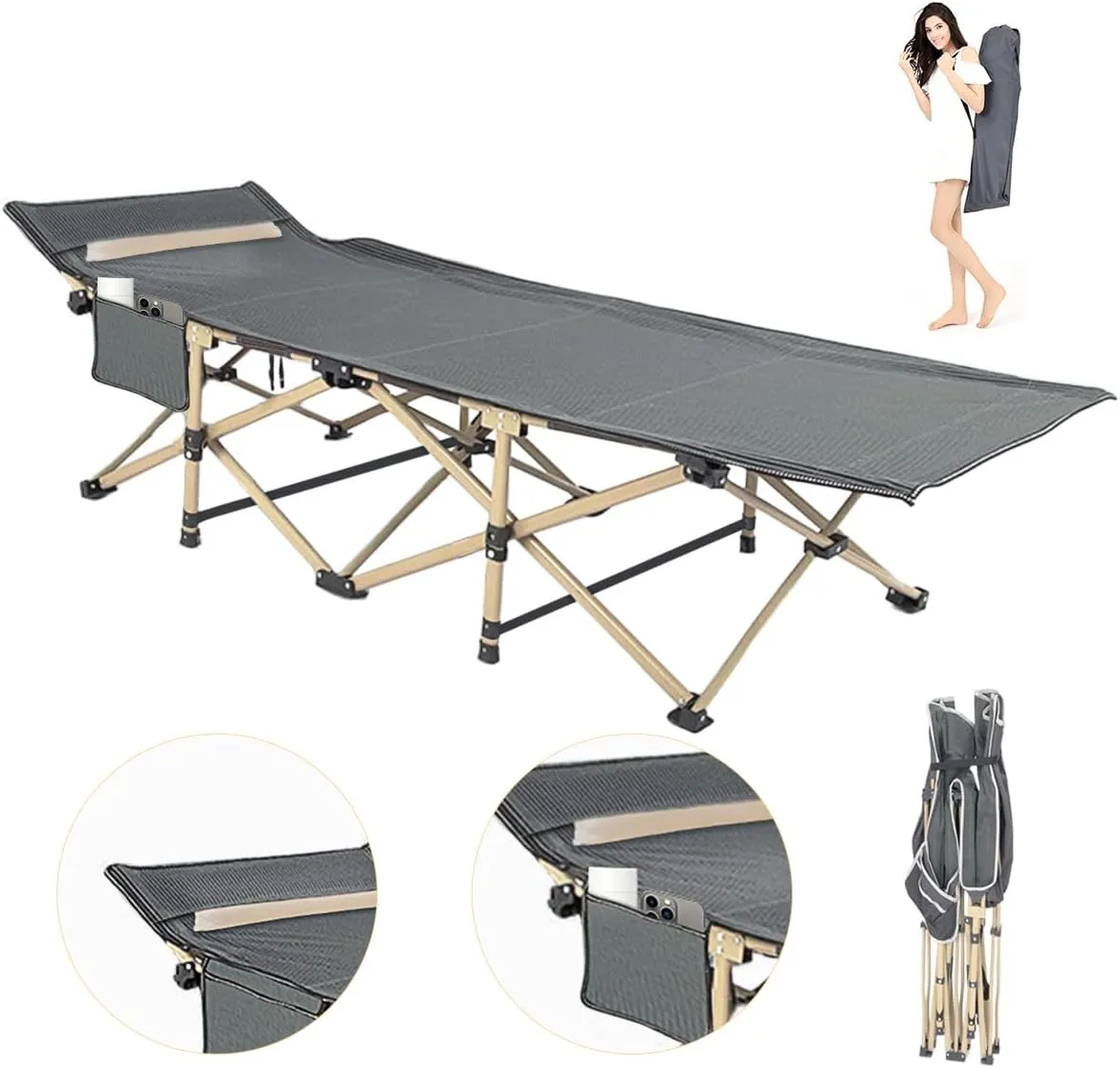 Camping Cots for Adults Comfortable Breathable Material with Pillowcase, Foldable Camping Cot for Sleeping with Reinforced Aluminum Tubes, Portable Bed for Adults Weighing 20 Lbs