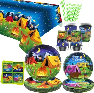 Camping Party Supplies - Camping Party Tableware - Dinner Plates Desserts Plates Cups Napkins Tablecover Straws for Boy Camper Campfire Forest Picnic Adventure Party Supplies, Serves 20 (20)