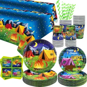 Camping Party Supplies - Camping Party Tableware - Dinner Plates Desserts Plates Cups Napkins Tablecover Straws for Boy Camper Campfire Forest Picnic Adventure Party Supplies, Serves 40 (40)