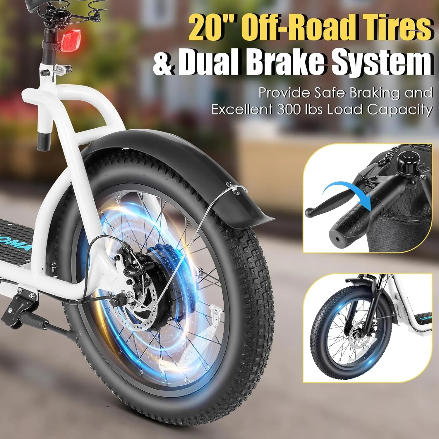 Caroma Electric Scooter Adults 20"X3" Fat Tire, 20 MPH Top Speed & 30 Miles Range, Peak 819W Off-Road E Scooter w/Adjustable Seat & Detachable Basket, Foldable Ebike w/Shock Absorption for Commuting