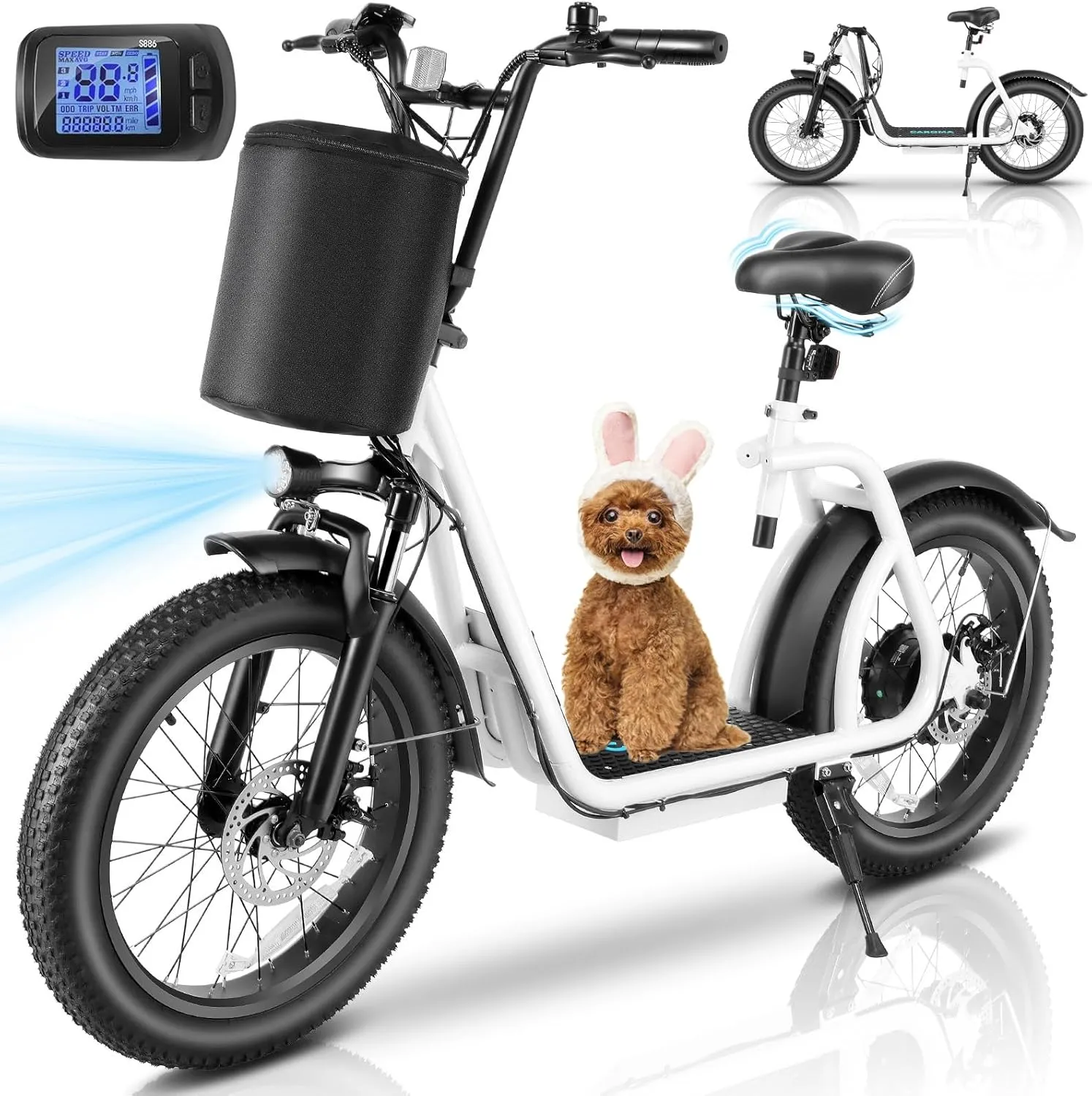 Caroma Electric Scooter Adults 20"X3" Fat Tire, 20 MPH Top Speed & 30 Miles Range, Peak 819W Off-Road E Scooter w/Adjustable Seat & Detachable Basket, Foldable Ebike w/Shock Absorption for Commuting