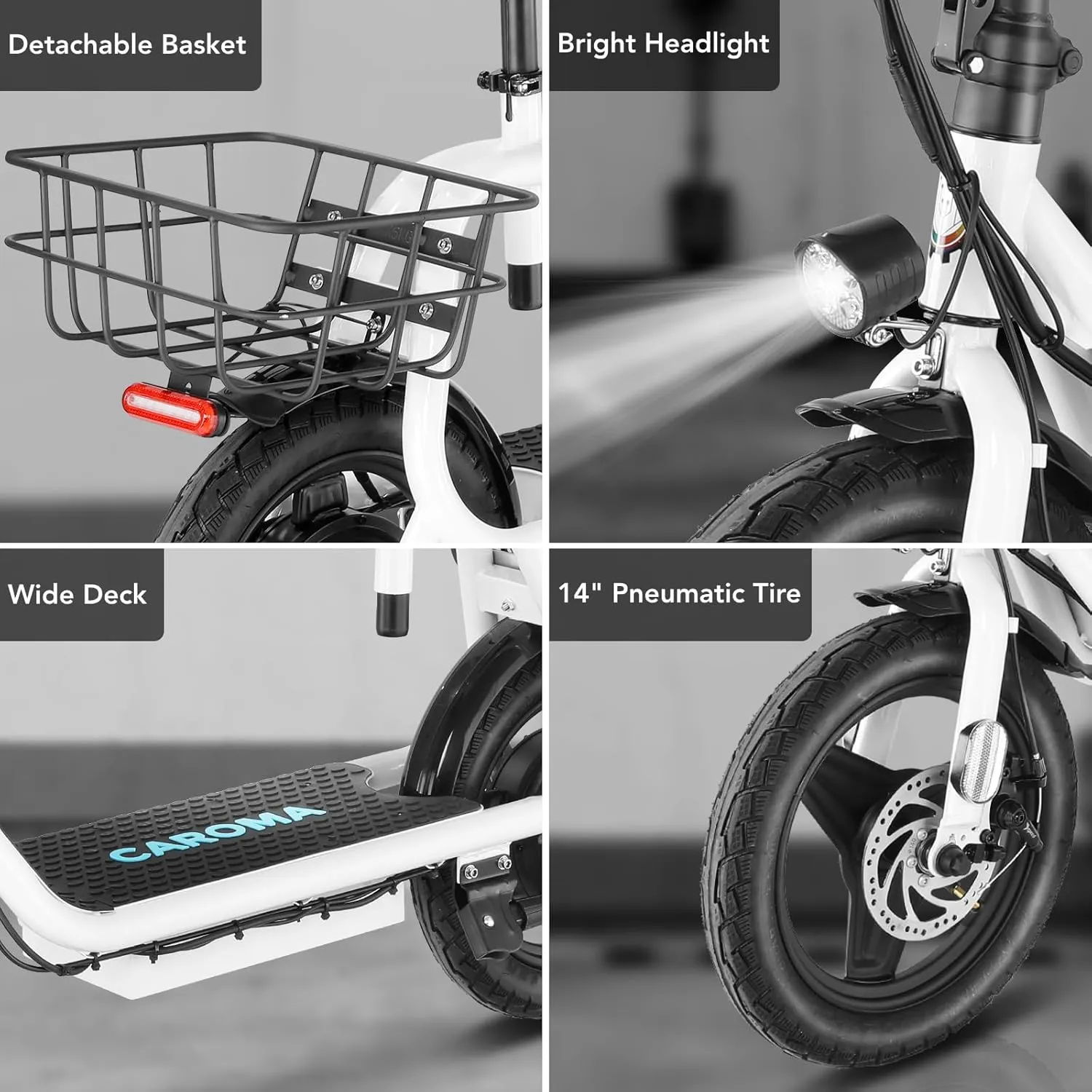 Caroma Peak 1200W Electric Scooter with Seat 14" Tire, 30 Miles Range 20MPH Max Speed, Foldable Electric Scooter for Adults 300 LBS Max Load