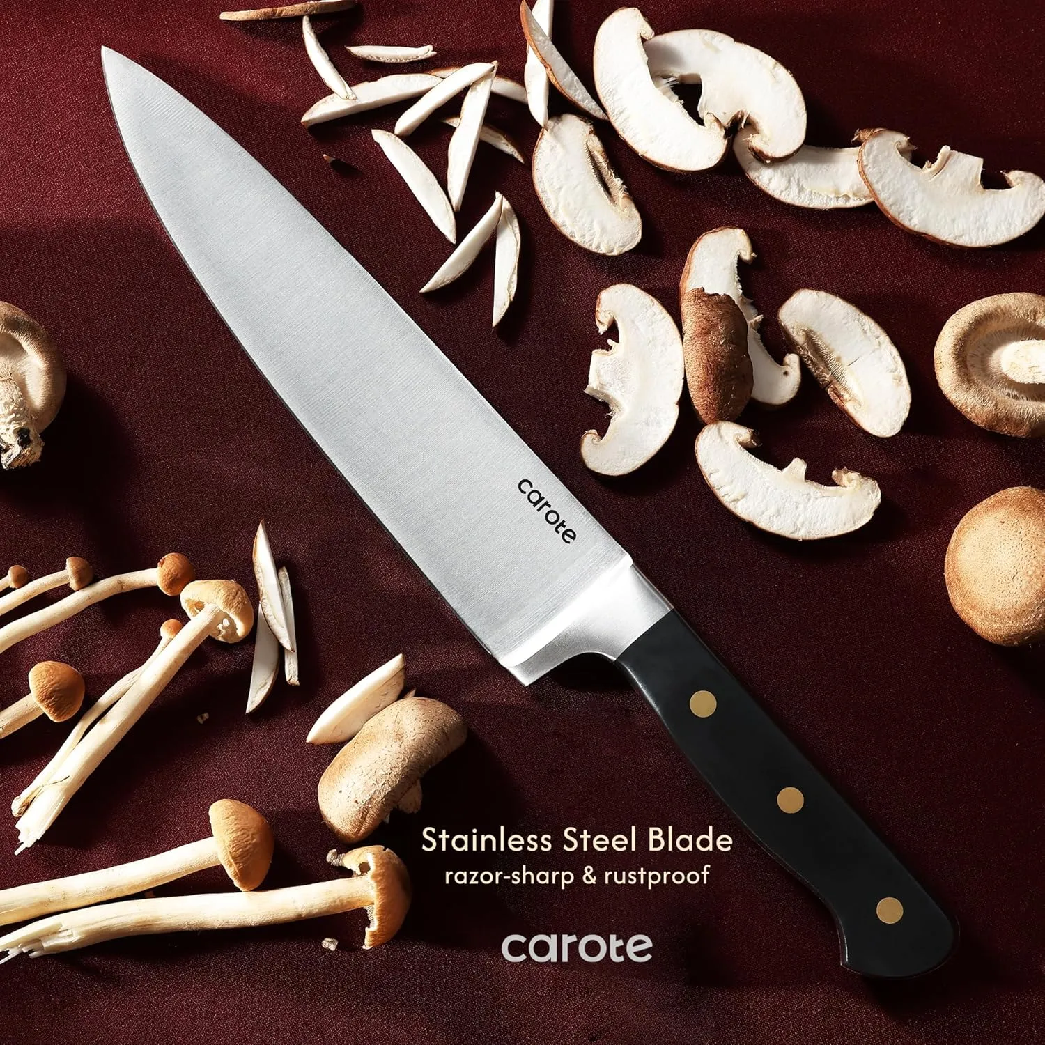 CAROTE 11 Pieces Knife Set with Block for kitchen, Stainless Steel Razor-Sharp Blade, Triple Riveted Ergonomic Handle, Wooden Magnetic Block, Essential Knife Block Set, Black